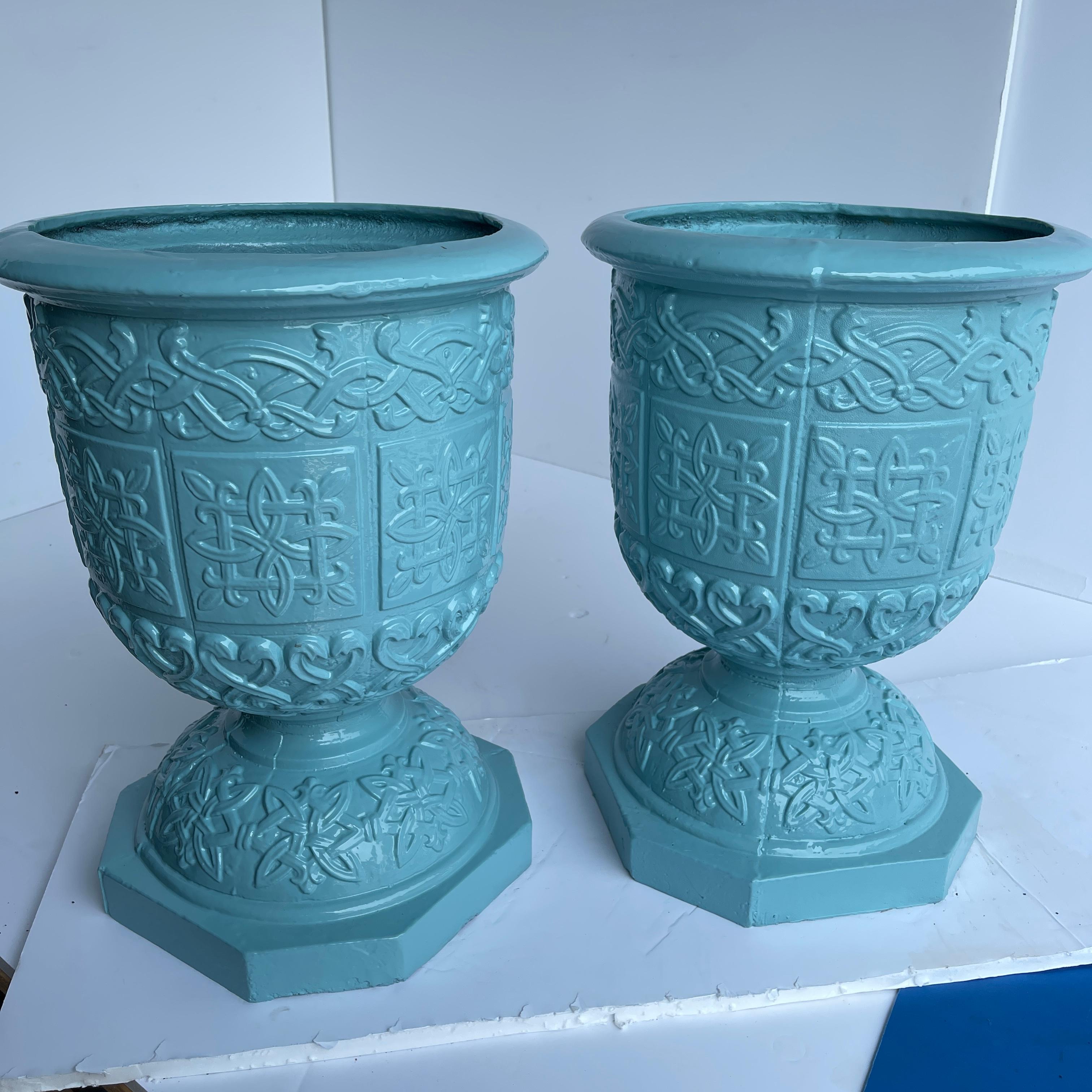 Pair Large Cast Iron Garden Urns, Powder Coated Turquoise For Sale 4