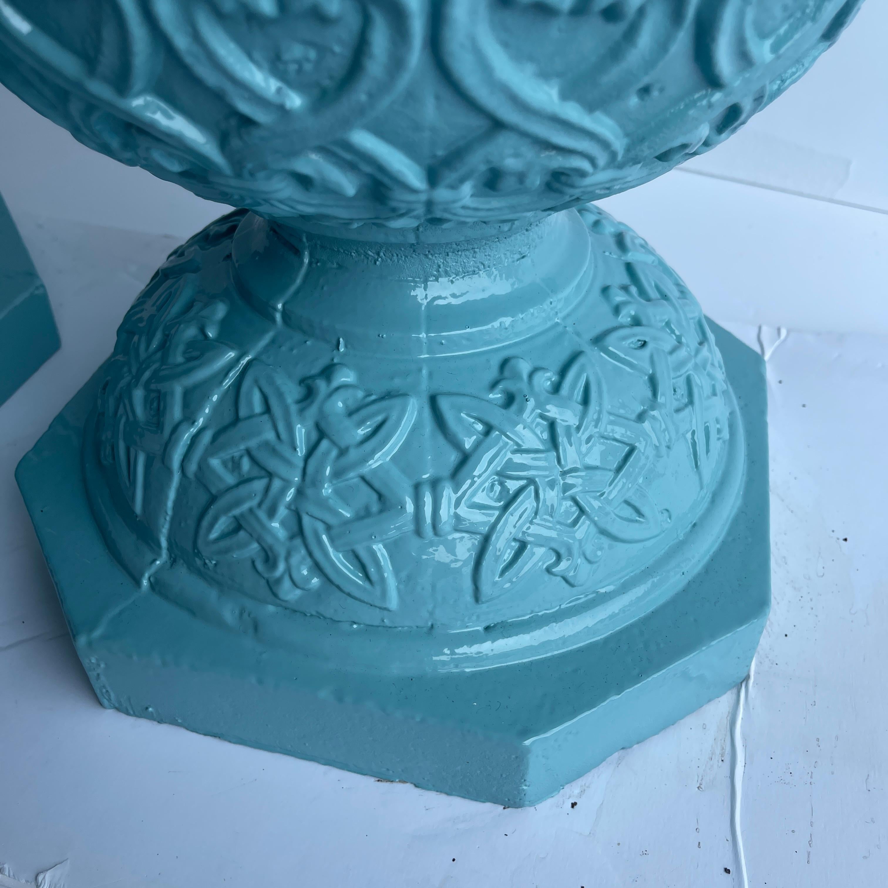 Victorian Pair Large Cast Iron Garden Urns, Powder Coated Turquoise For Sale