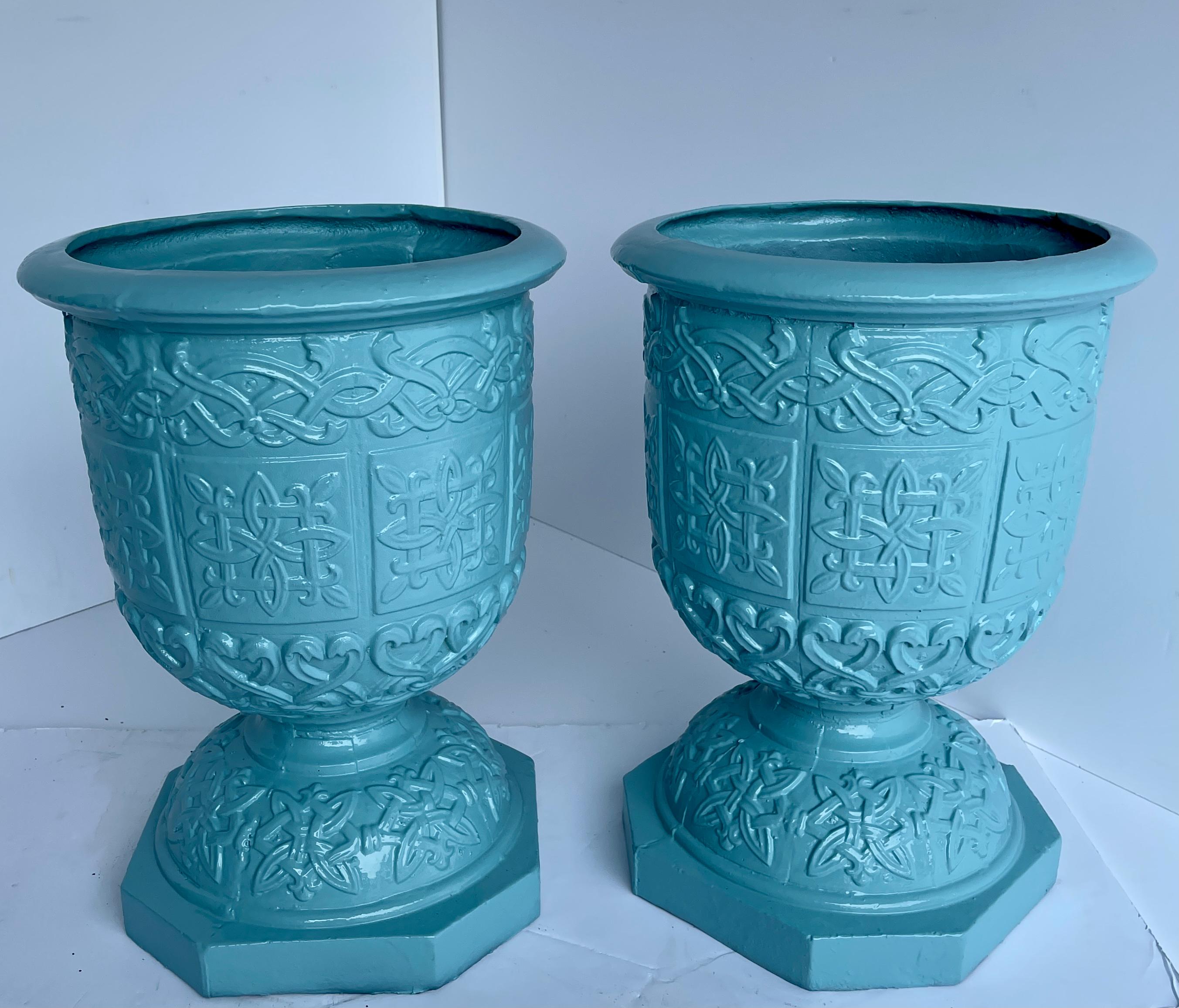 American Pair Large Cast Iron Garden Urns, Powder Coated Turquoise For Sale