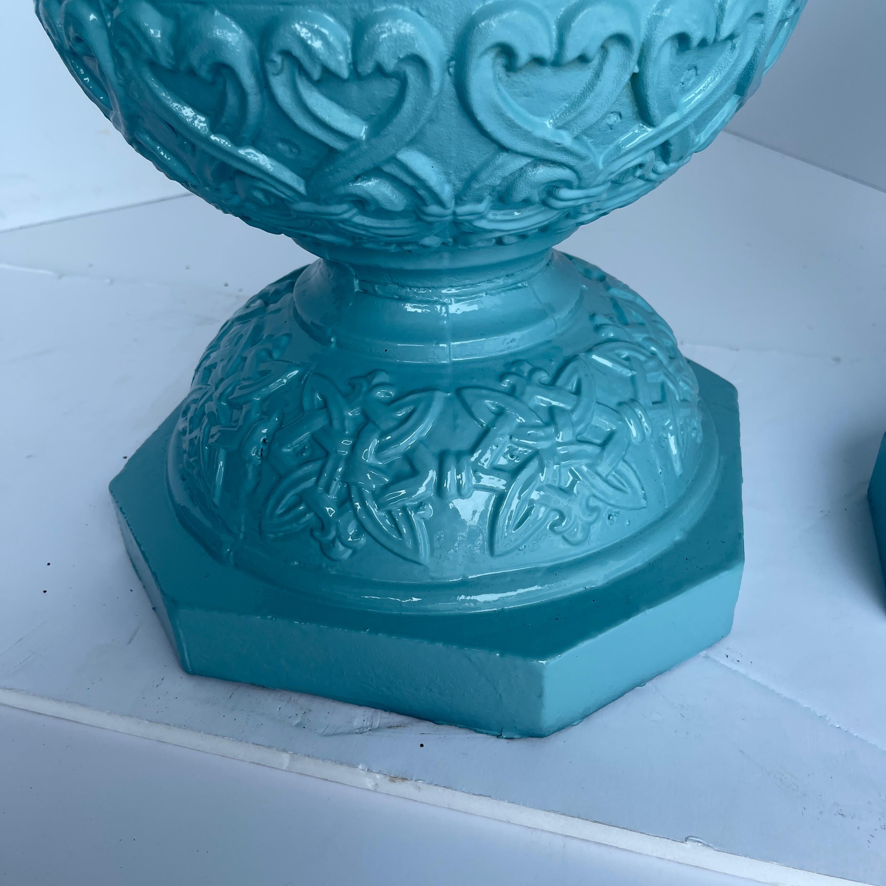 Pair Large Cast Iron Garden Urns, Powder Coated Turquoise In Good Condition For Sale In Haddonfield, NJ