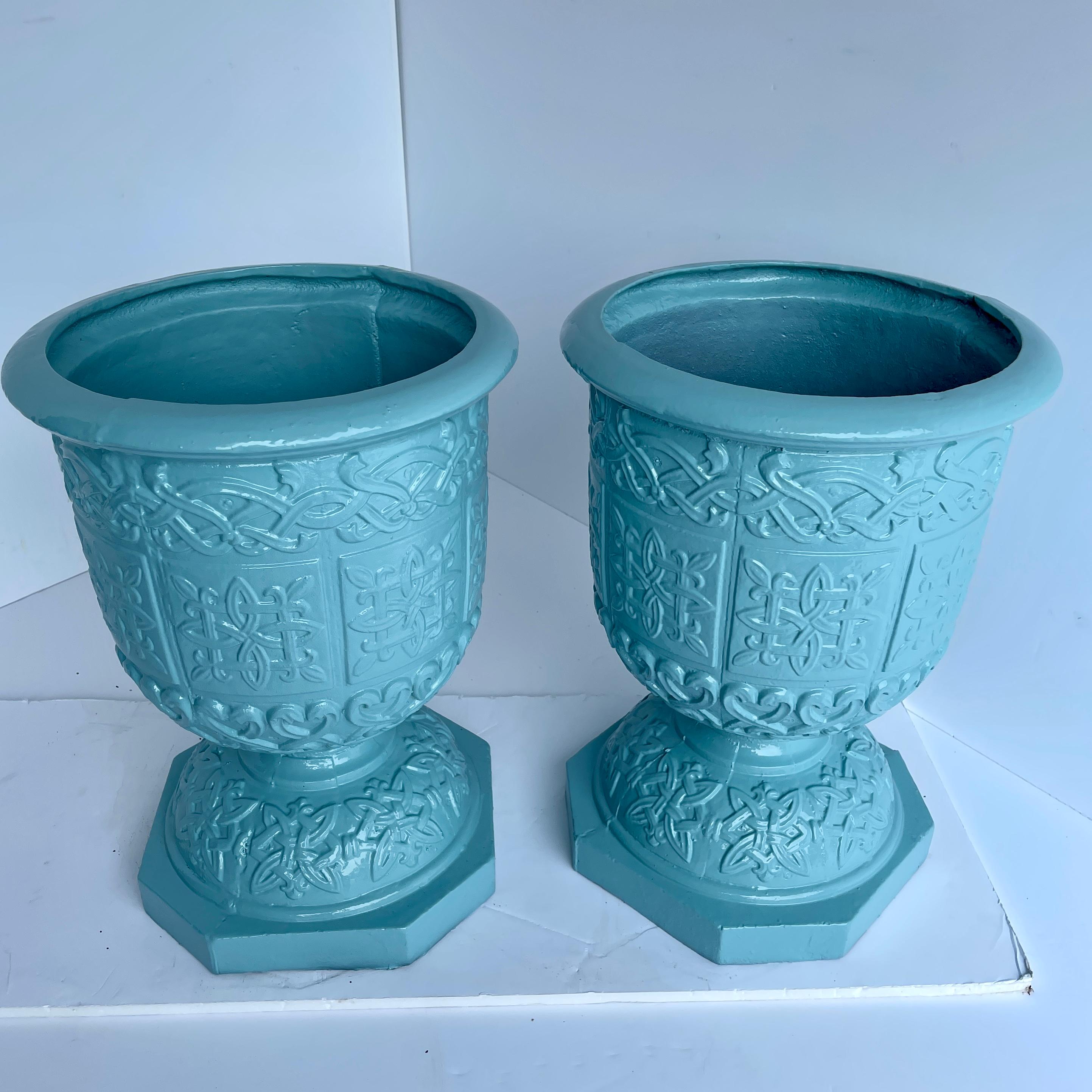20th Century Pair Large Cast Iron Garden Urns, Powder Coated Turquoise For Sale