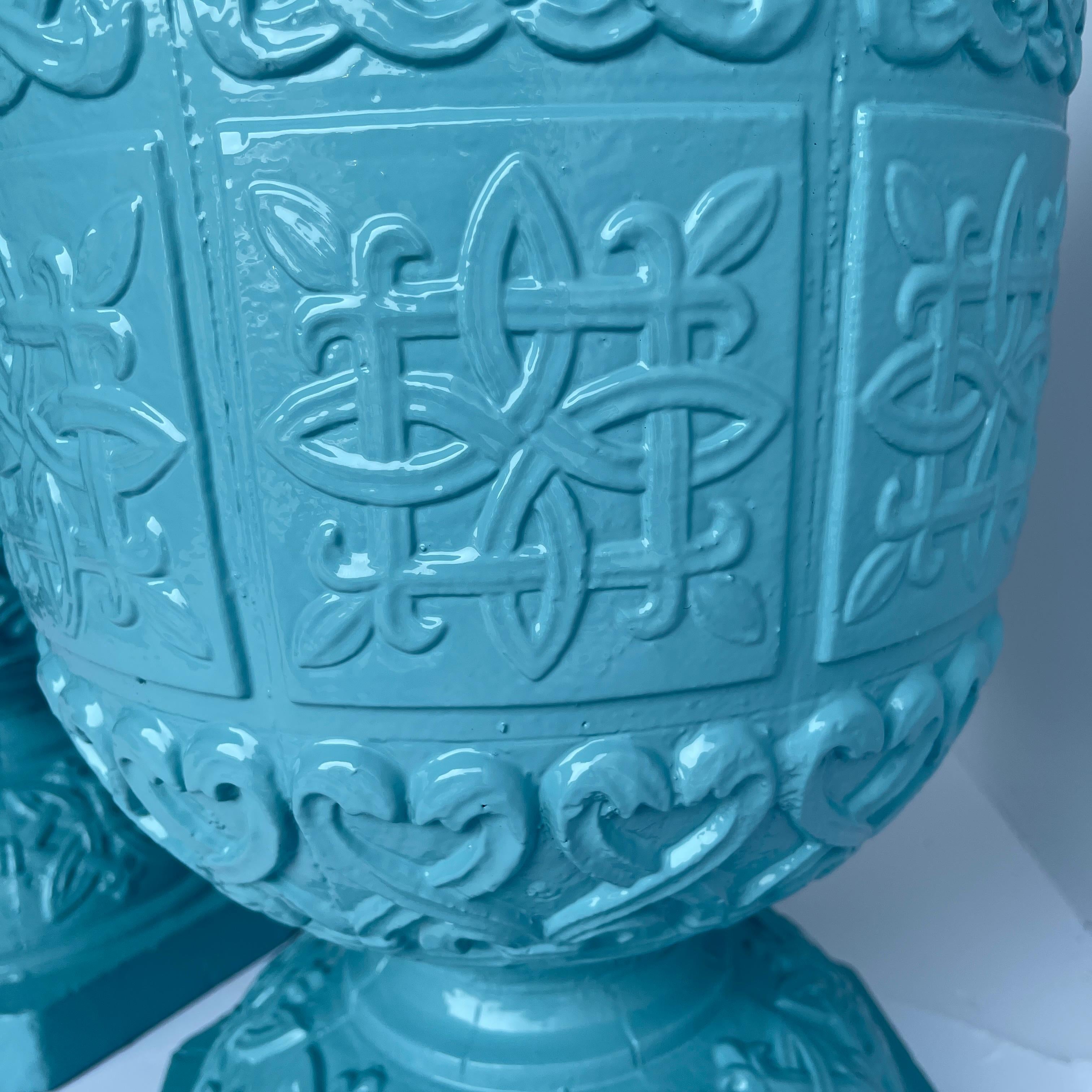 Pair Large Cast Iron Garden Urns, Powder Coated Turquoise For Sale 1