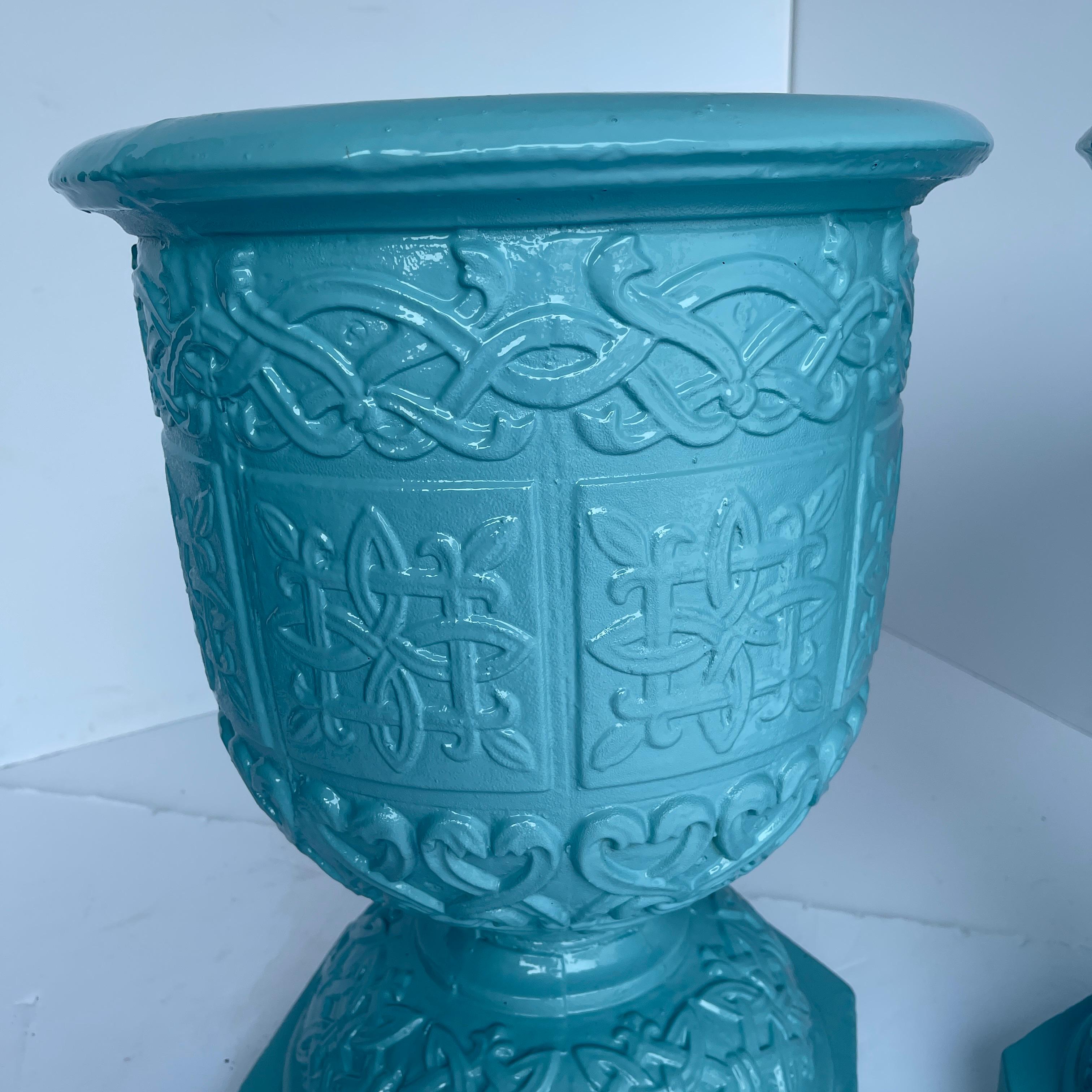 Pair Large Cast Iron Garden Urns, Powder Coated Turquoise For Sale 2