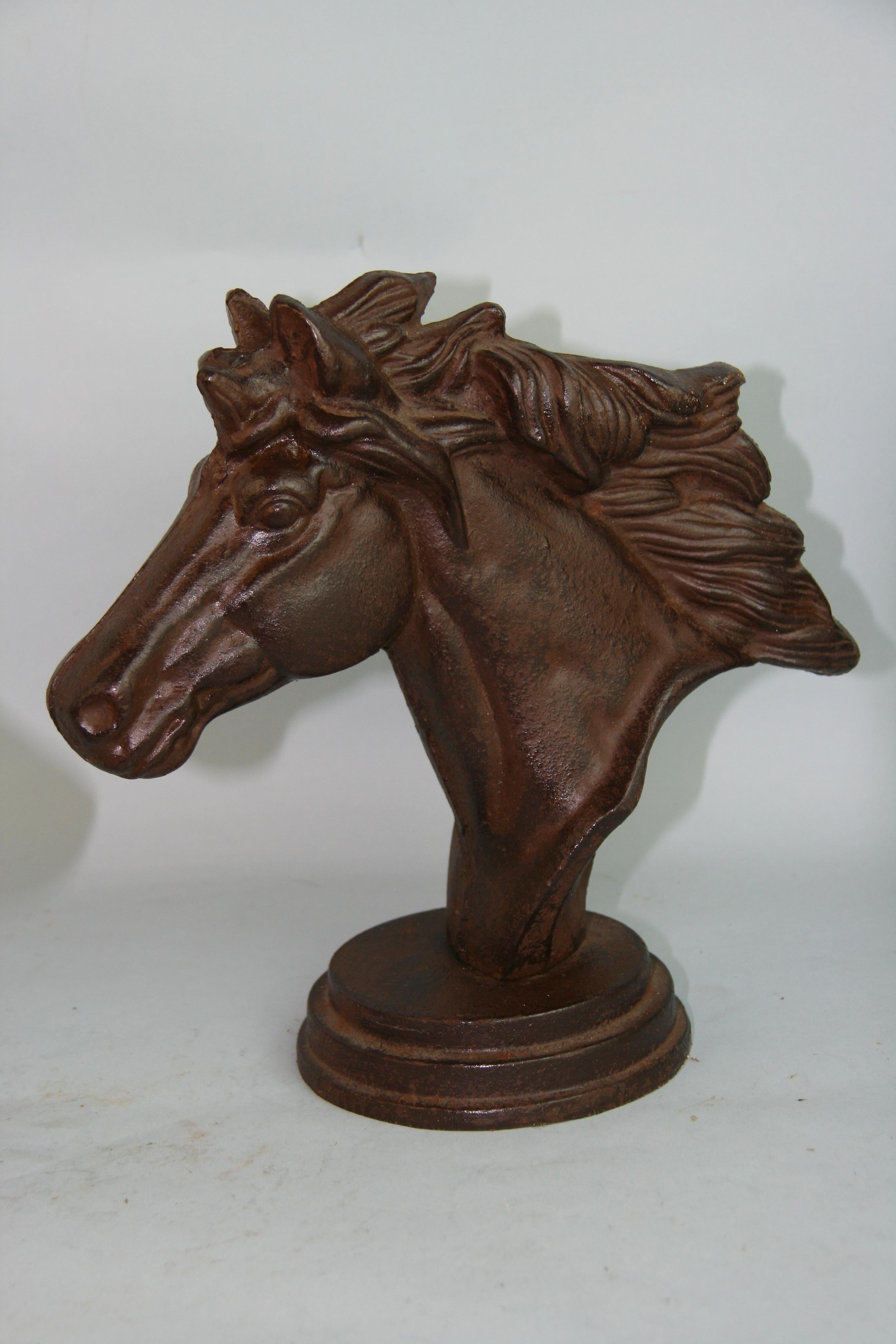 Hand-Crafted Pair Large Cast Iron Horse Bookends/Sculptures For Sale