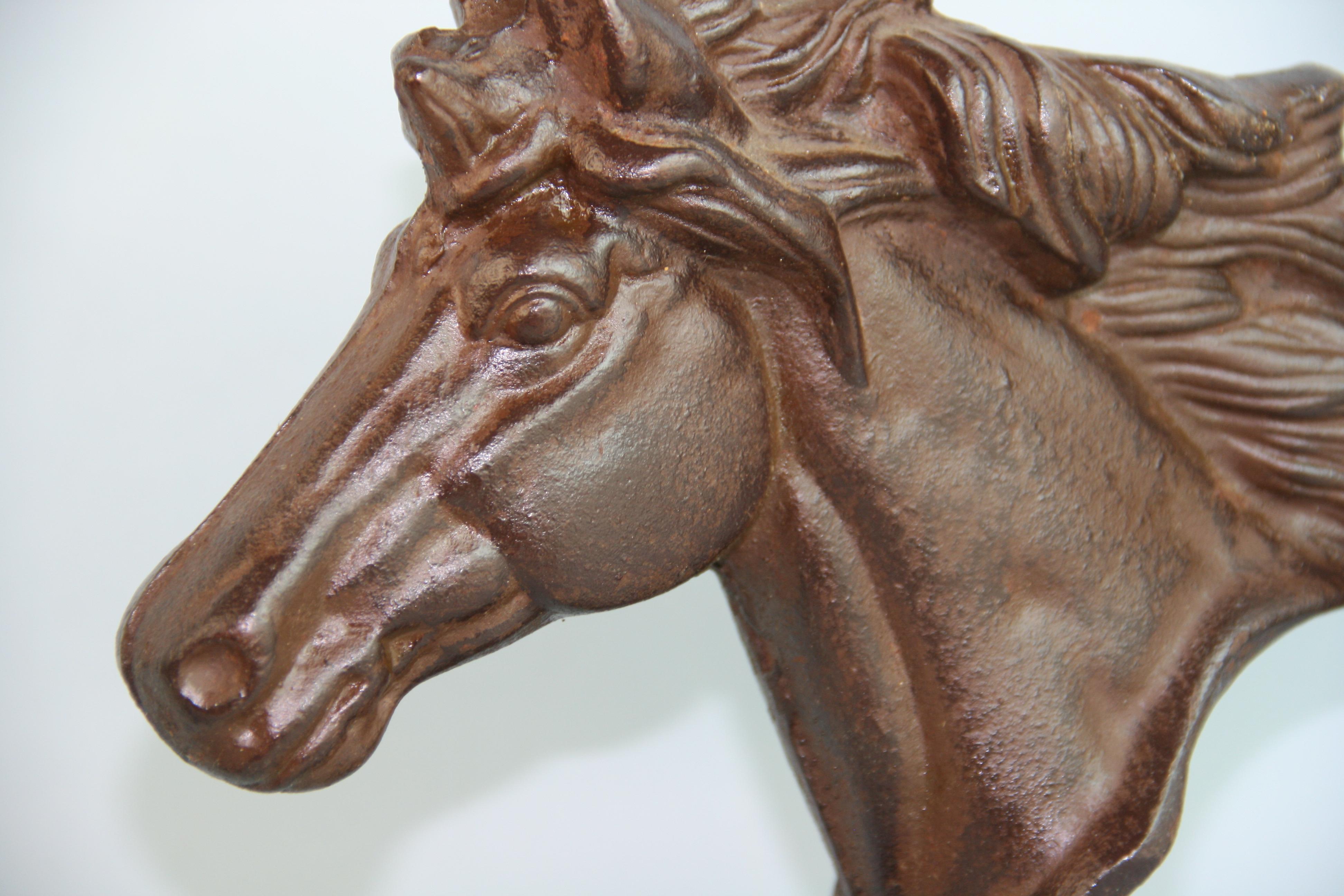 Pair Large Cast Iron Horse Bookends/Sculptures In Good Condition For Sale In Douglas Manor, NY