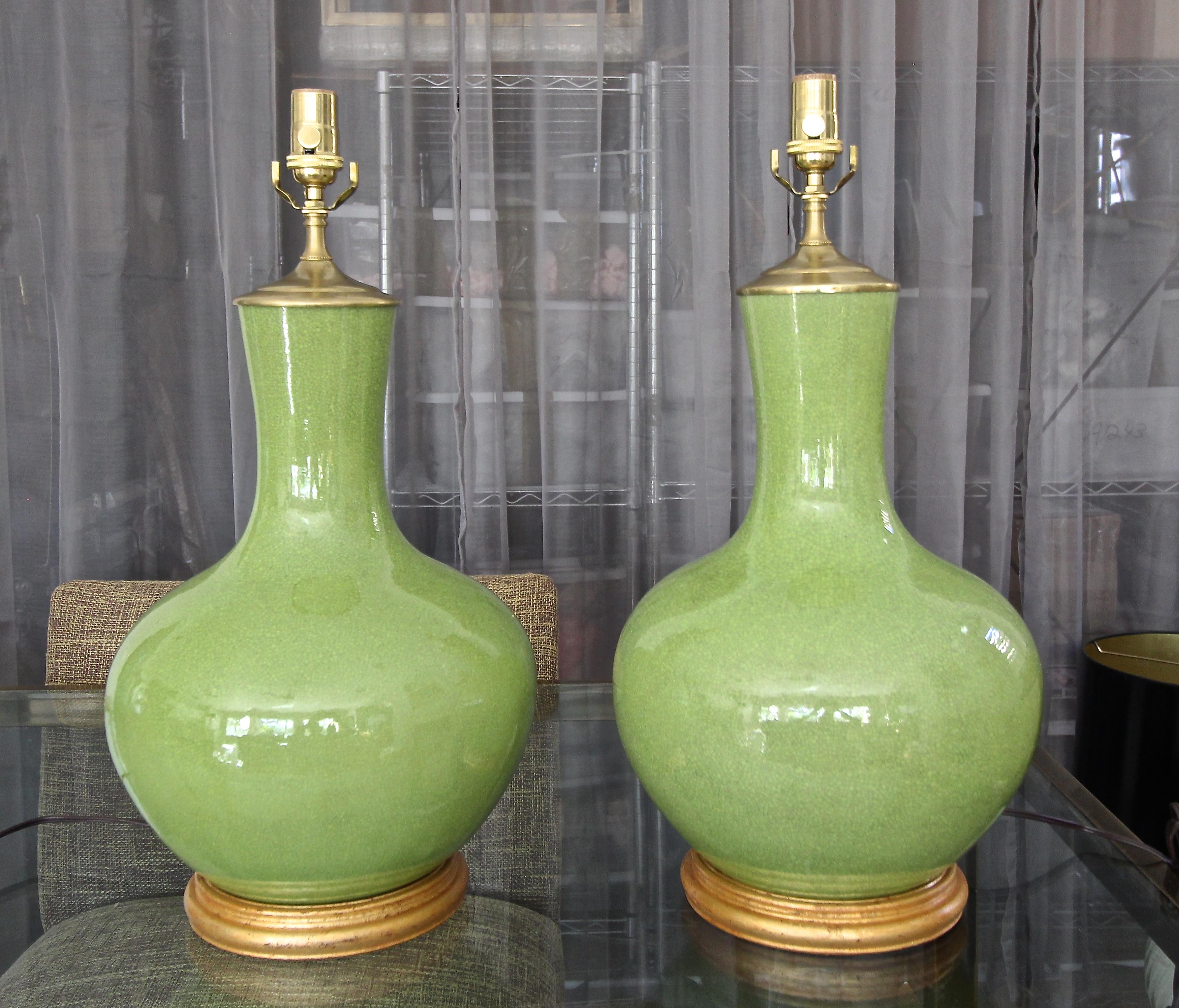 Pair of Large Chinese Asian Apple Green Porcelain Table Lamps 7