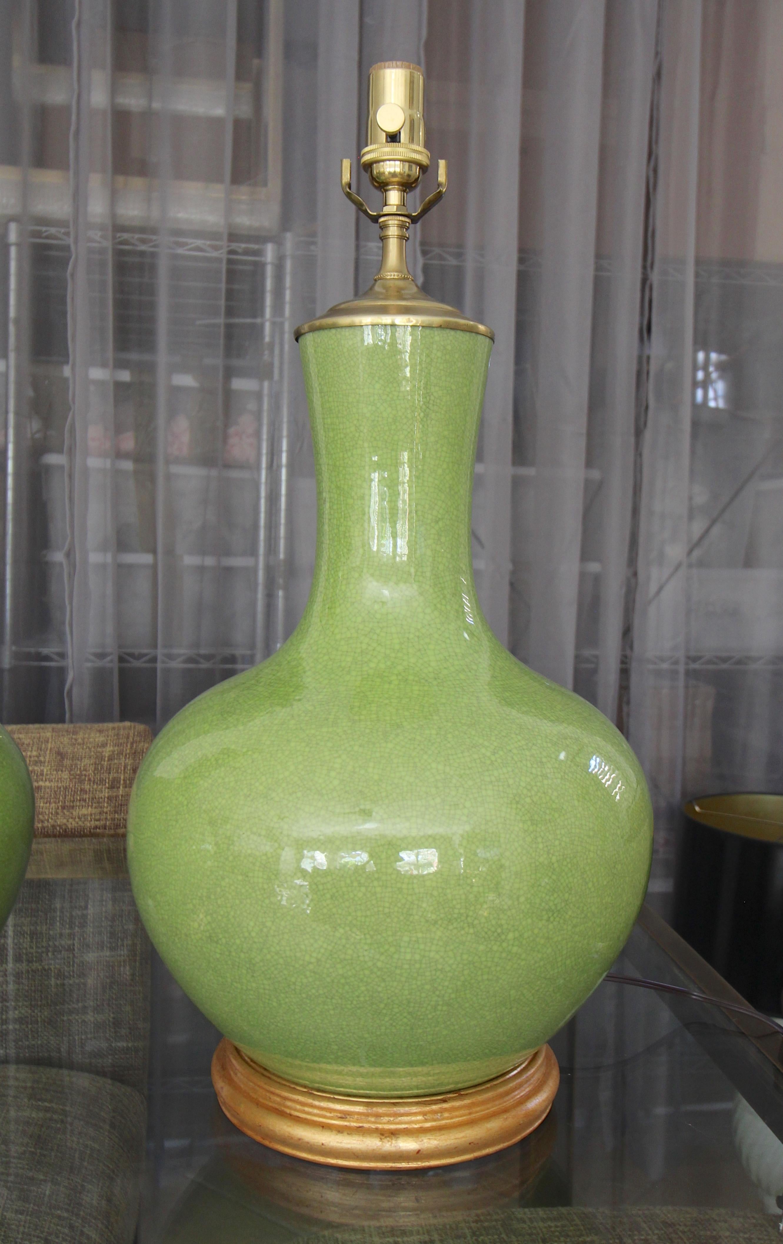 Mid-20th Century Pair of Large Chinese Asian Apple Green Porcelain Table Lamps