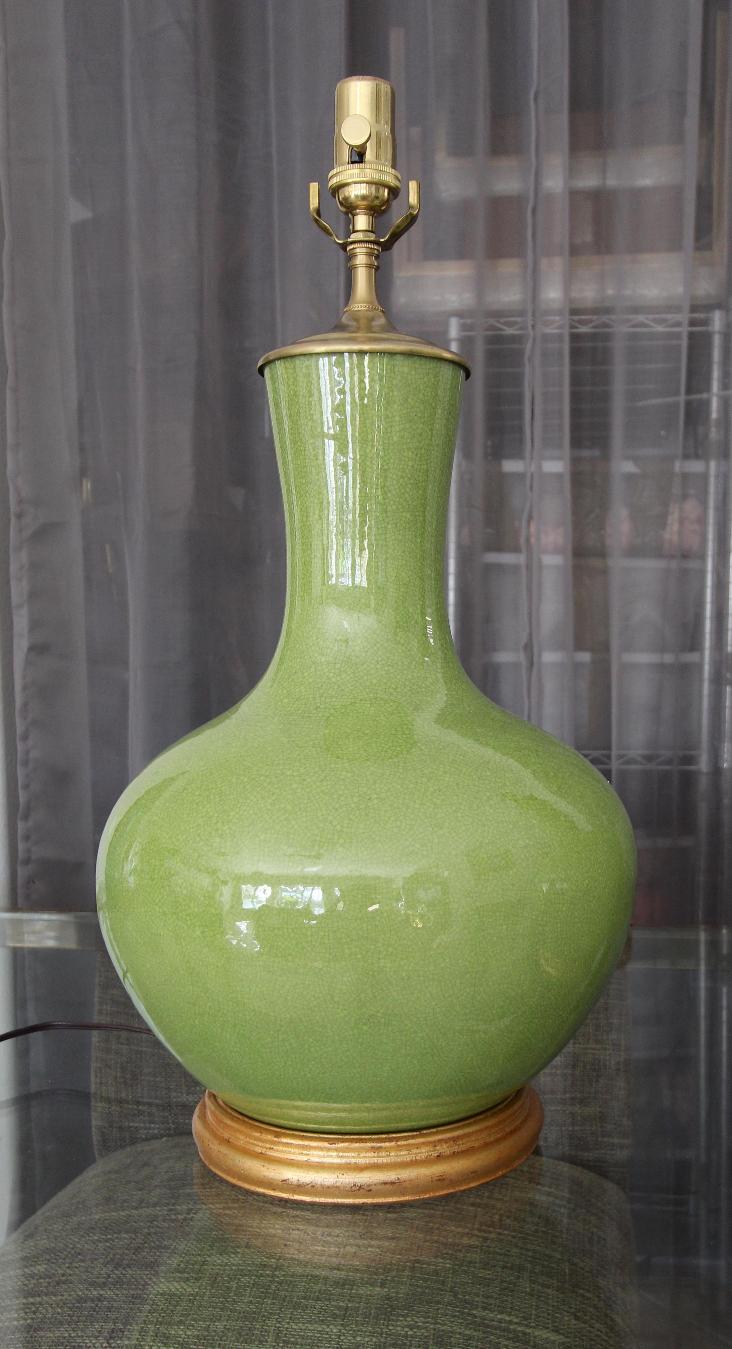 Wood Pair of Large Chinese Asian Apple Green Porcelain Table Lamps