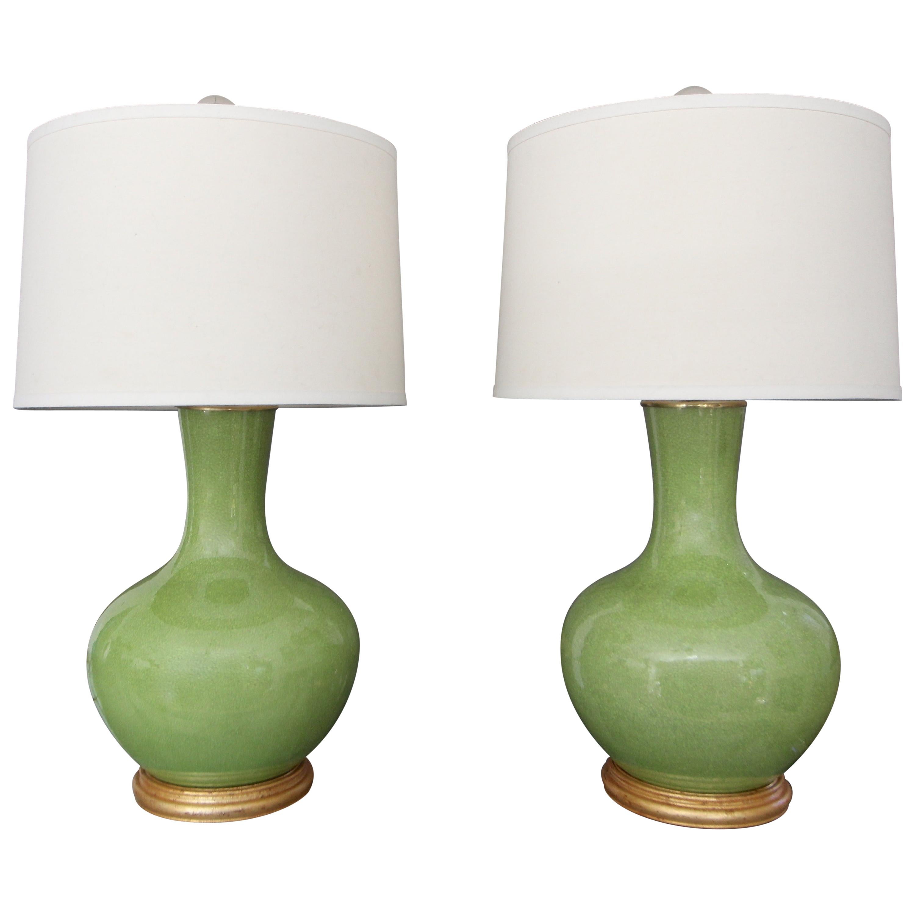 Pair of Large Chinese Asian Apple Green Porcelain Table Lamps