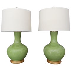 Vintage Pair of Large Chinese Asian Apple Green Porcelain Table Lamps