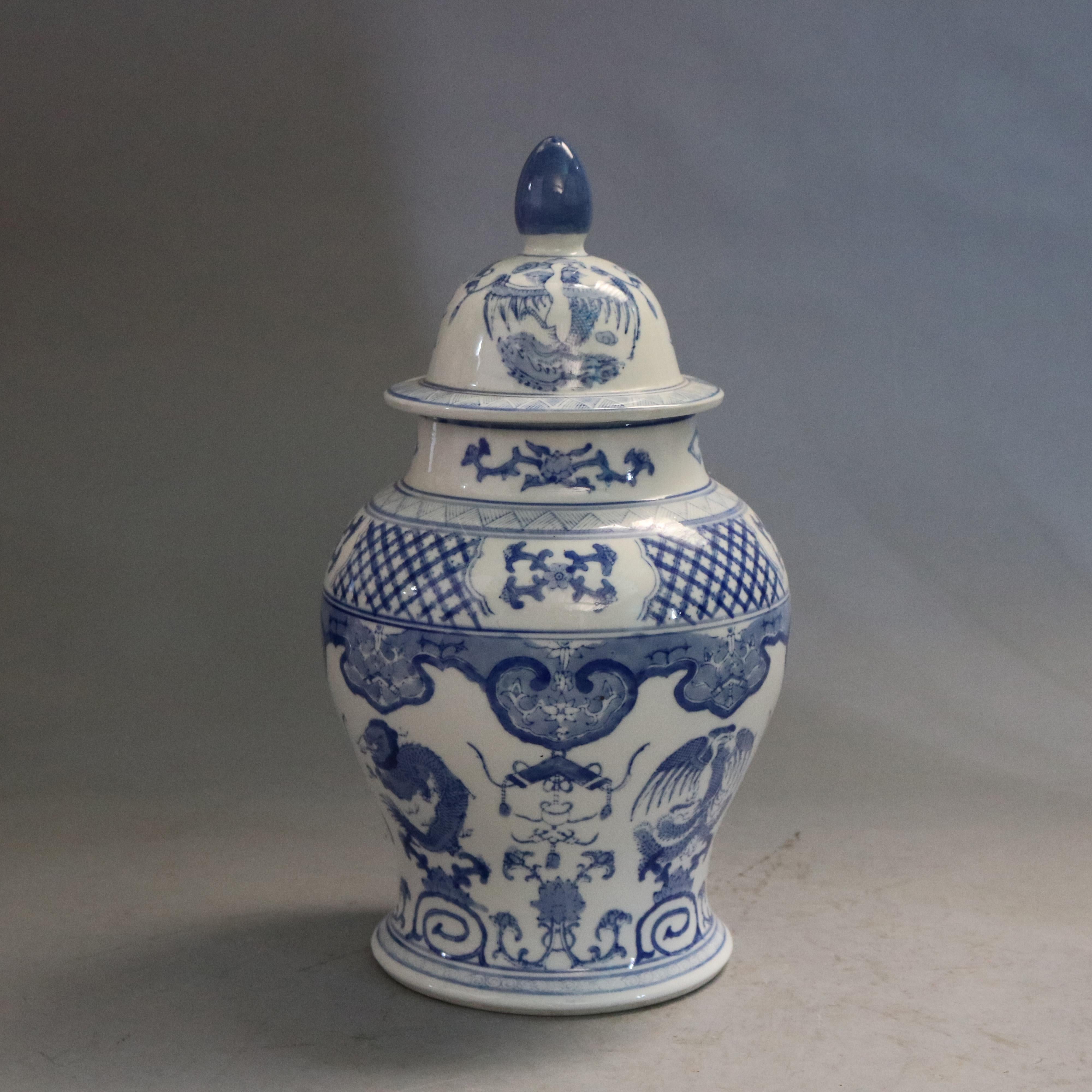 Pair Large Chinese Blue & White Figural Decorated Lidded Porcelain Urns 20th C 4