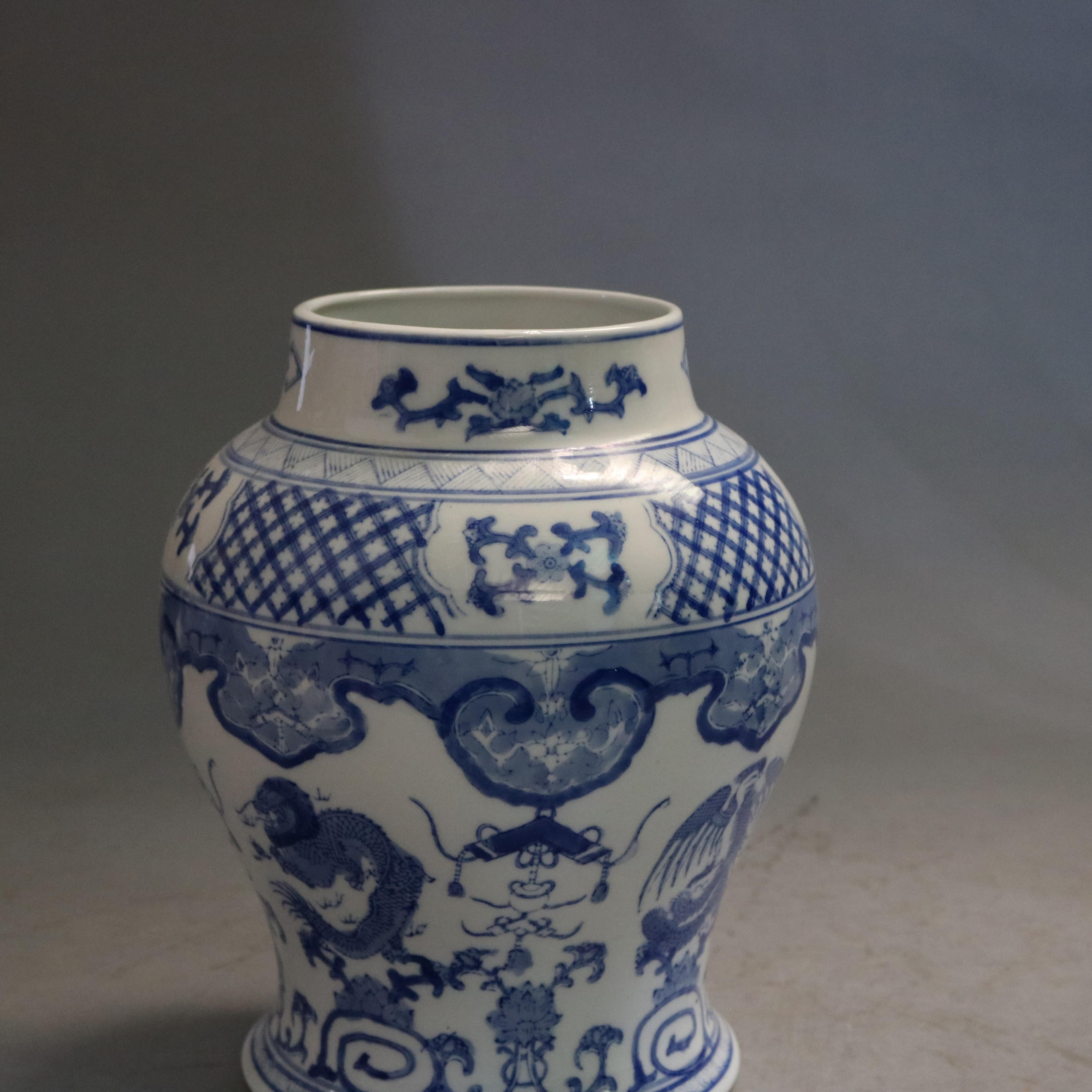 Pair Large Chinese Blue & White Figural Decorated Lidded Porcelain Urns 20th C In Good Condition In Big Flats, NY