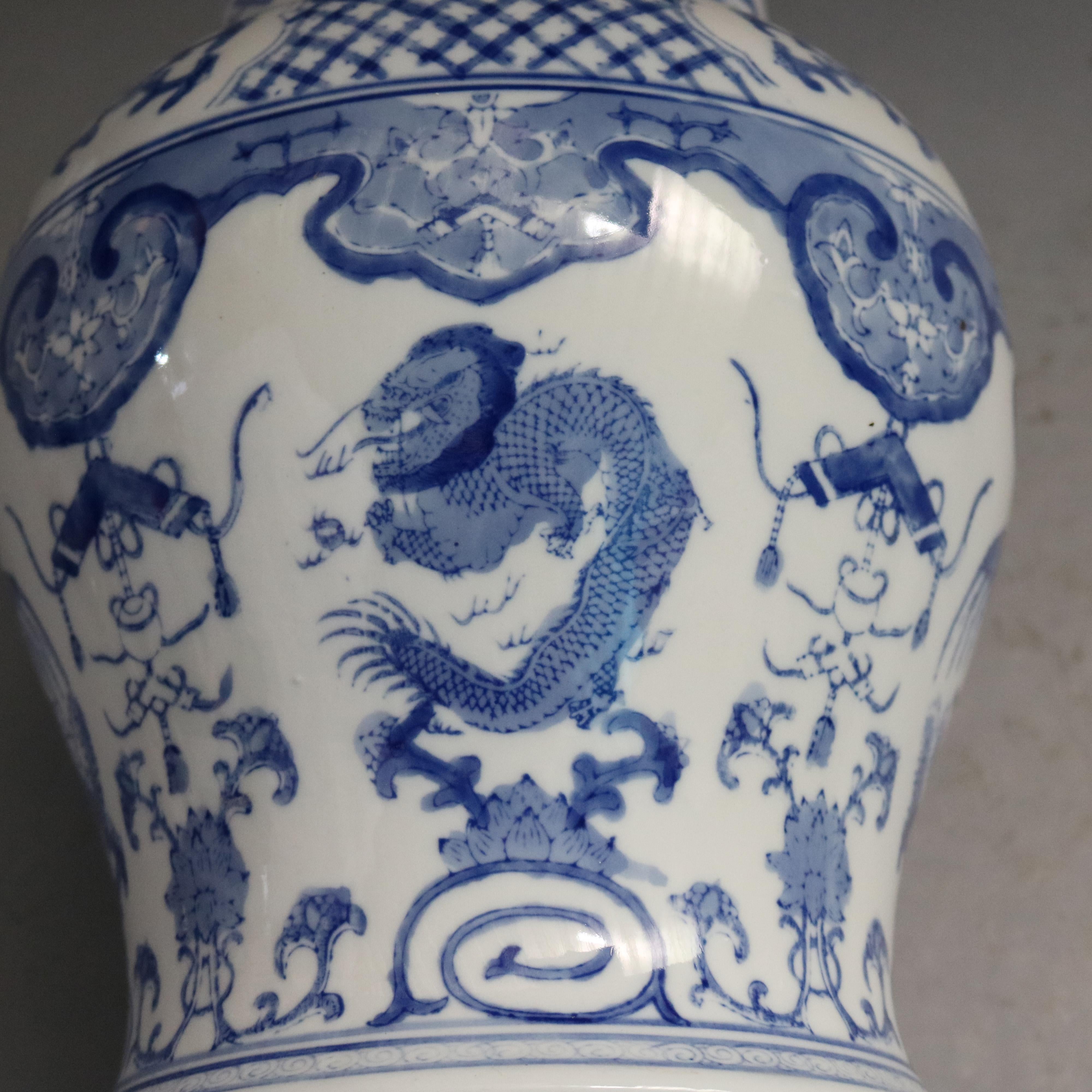 Pair Large Chinese Blue & White Figural Decorated Lidded Porcelain Urns 20th C 3