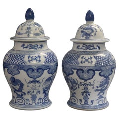 Pair Large Chinese Blue & White Figural Decorated Lidded Porcelain Urns 20th C