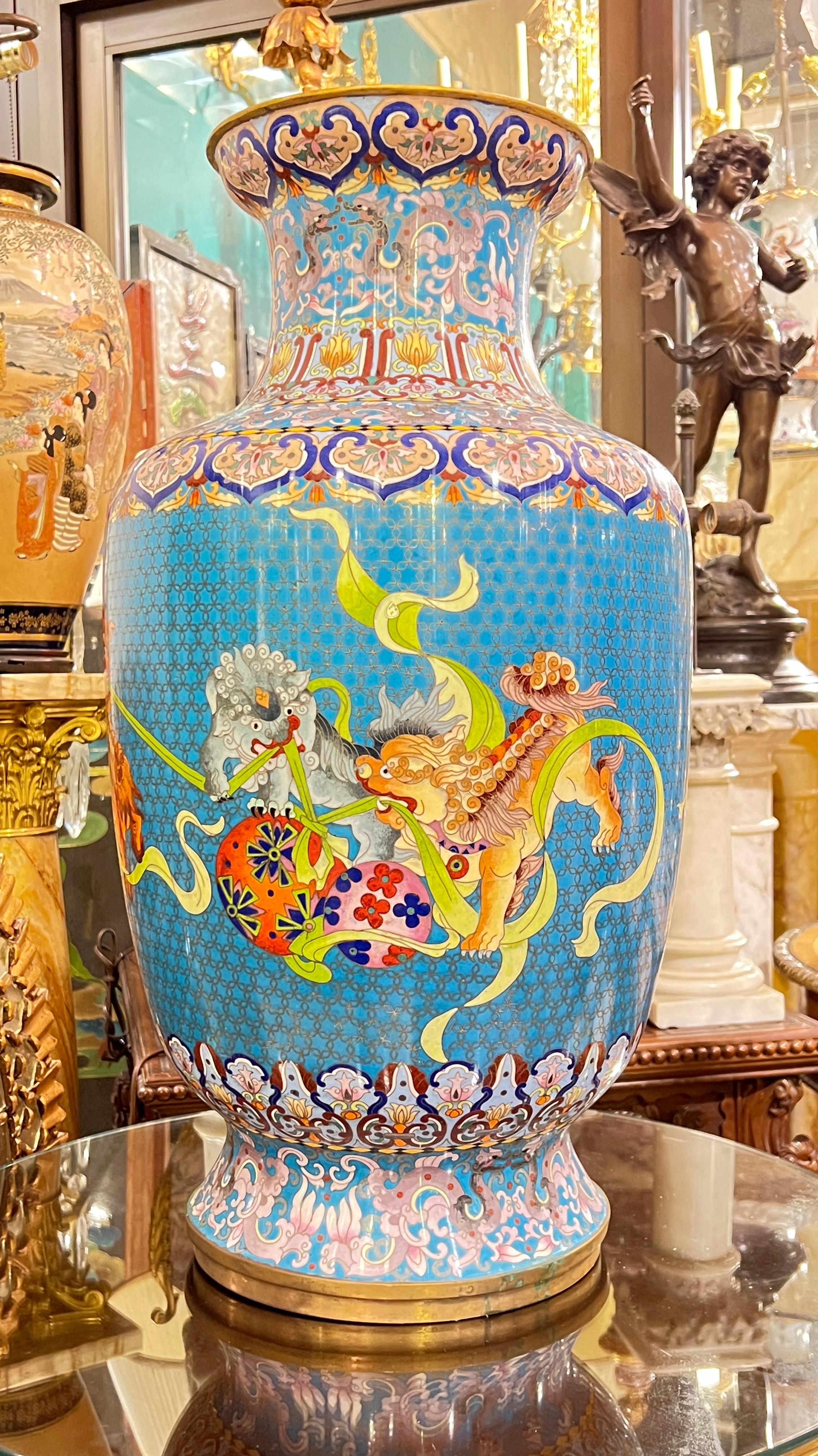 Cloissoné Pair Large Chinese Cloisonne Vases -- 25 1/2 Inches