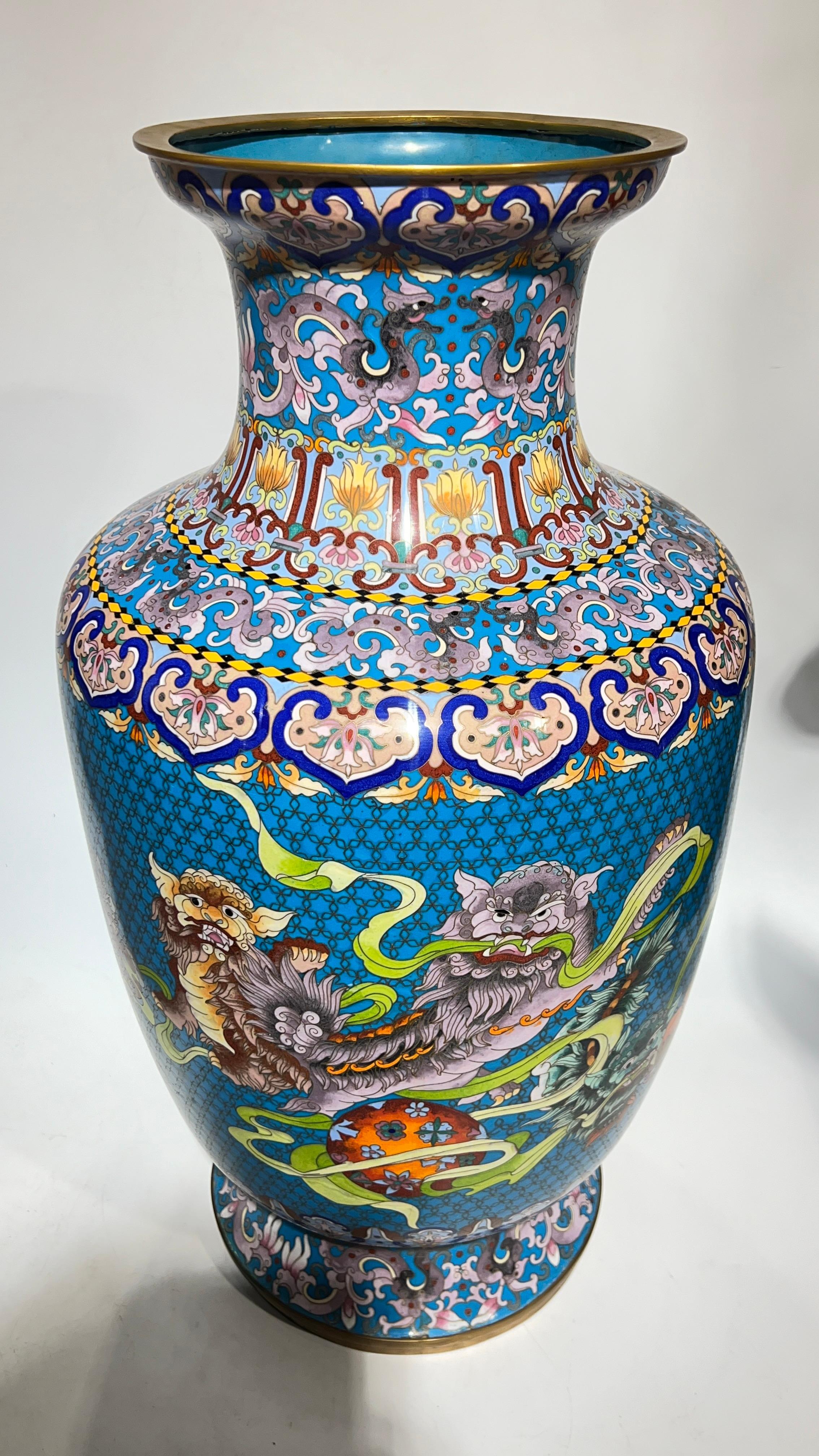 Pair Large Chinese Cloisonne Vases -- 25 1/2 Inches In Good Condition In New York, NY