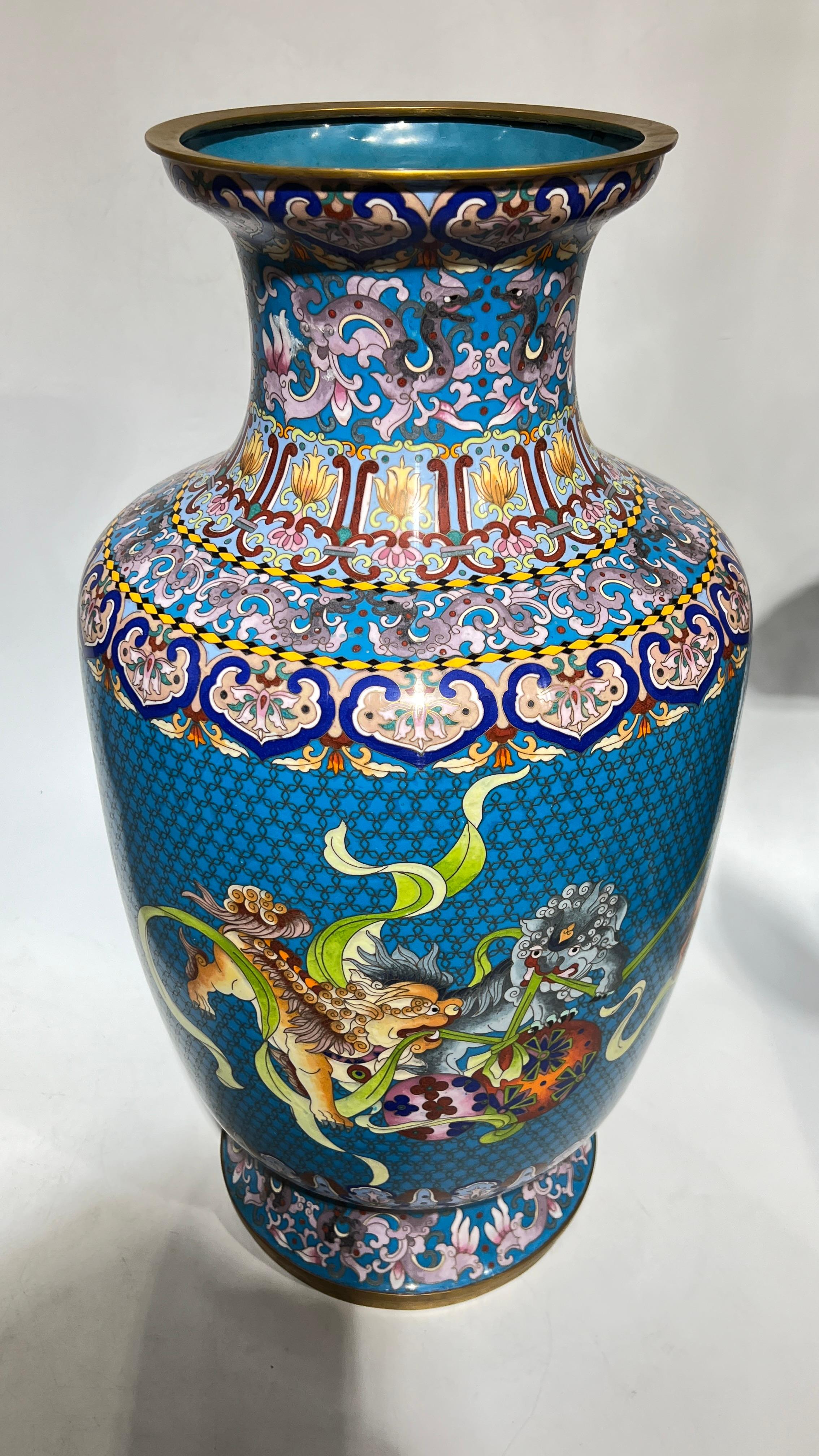 Metal Pair Large Chinese Cloisonne Vases -- 25 1/2 Inches