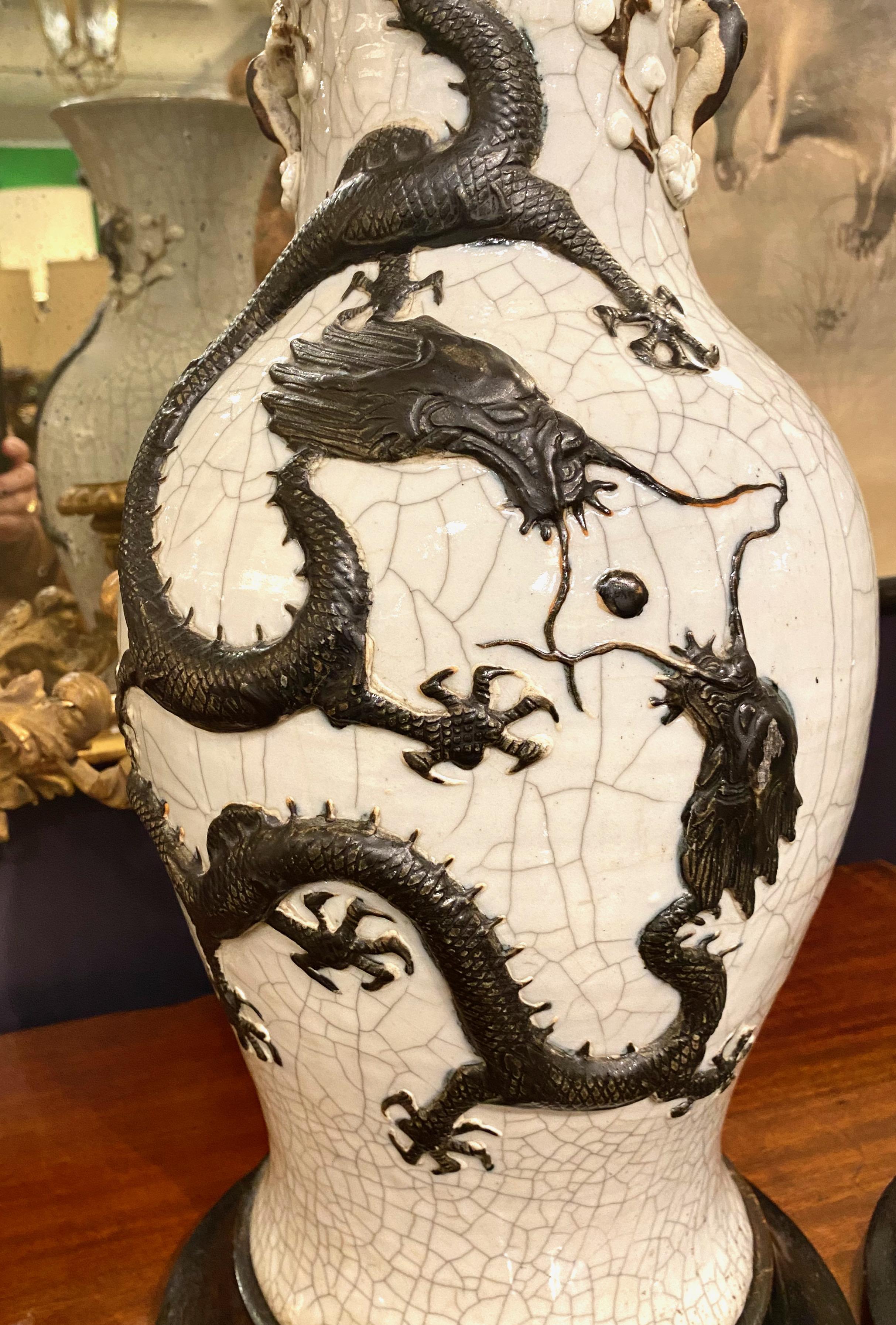 Chinese Export Pair Large Chinese Pale Celadon Crackle Glaze Dragon Vases, 19th Century For Sale