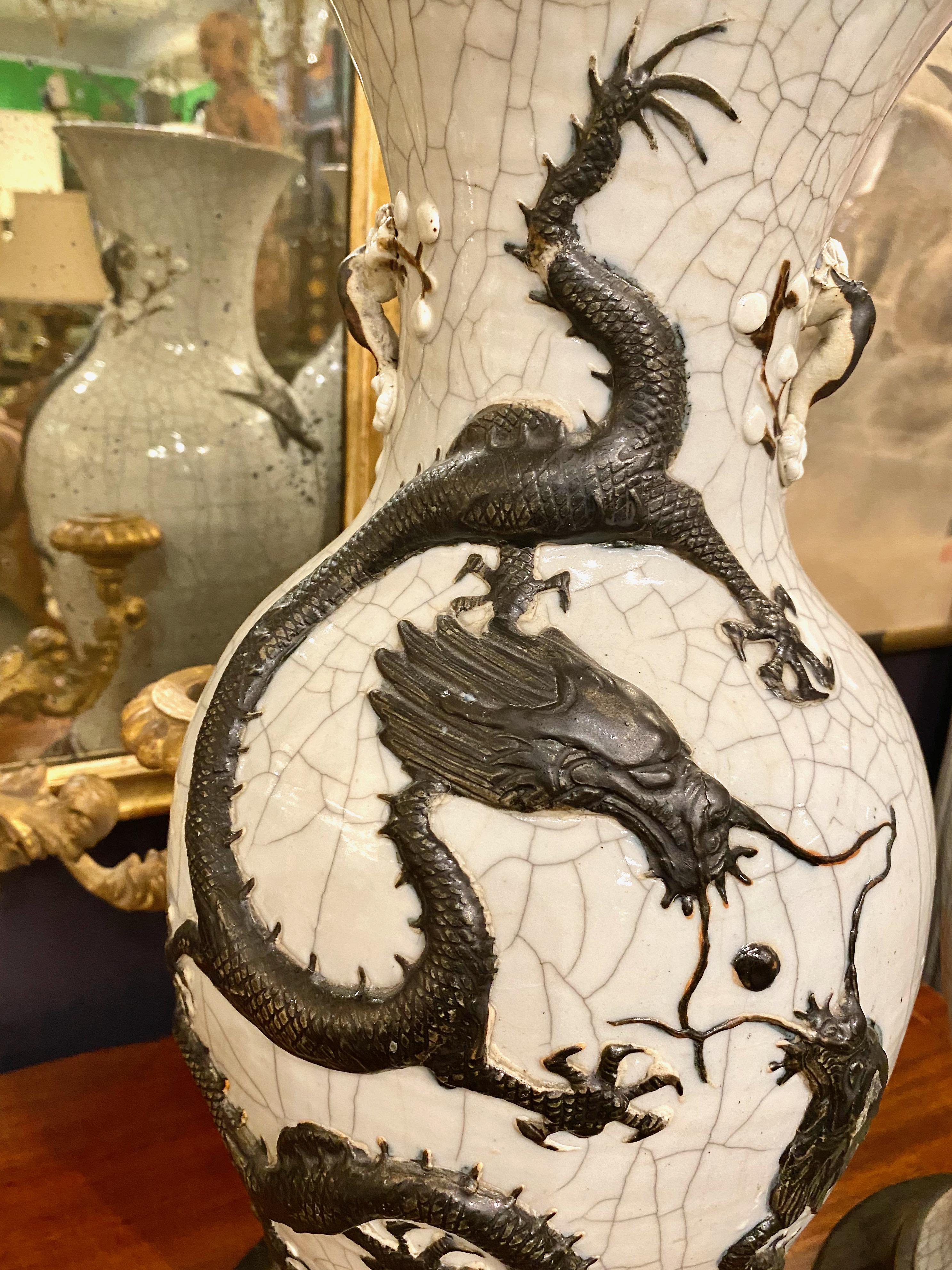 Glazed Pair Large Chinese Pale Celadon Crackle Glaze Dragon Vases, 19th Century For Sale
