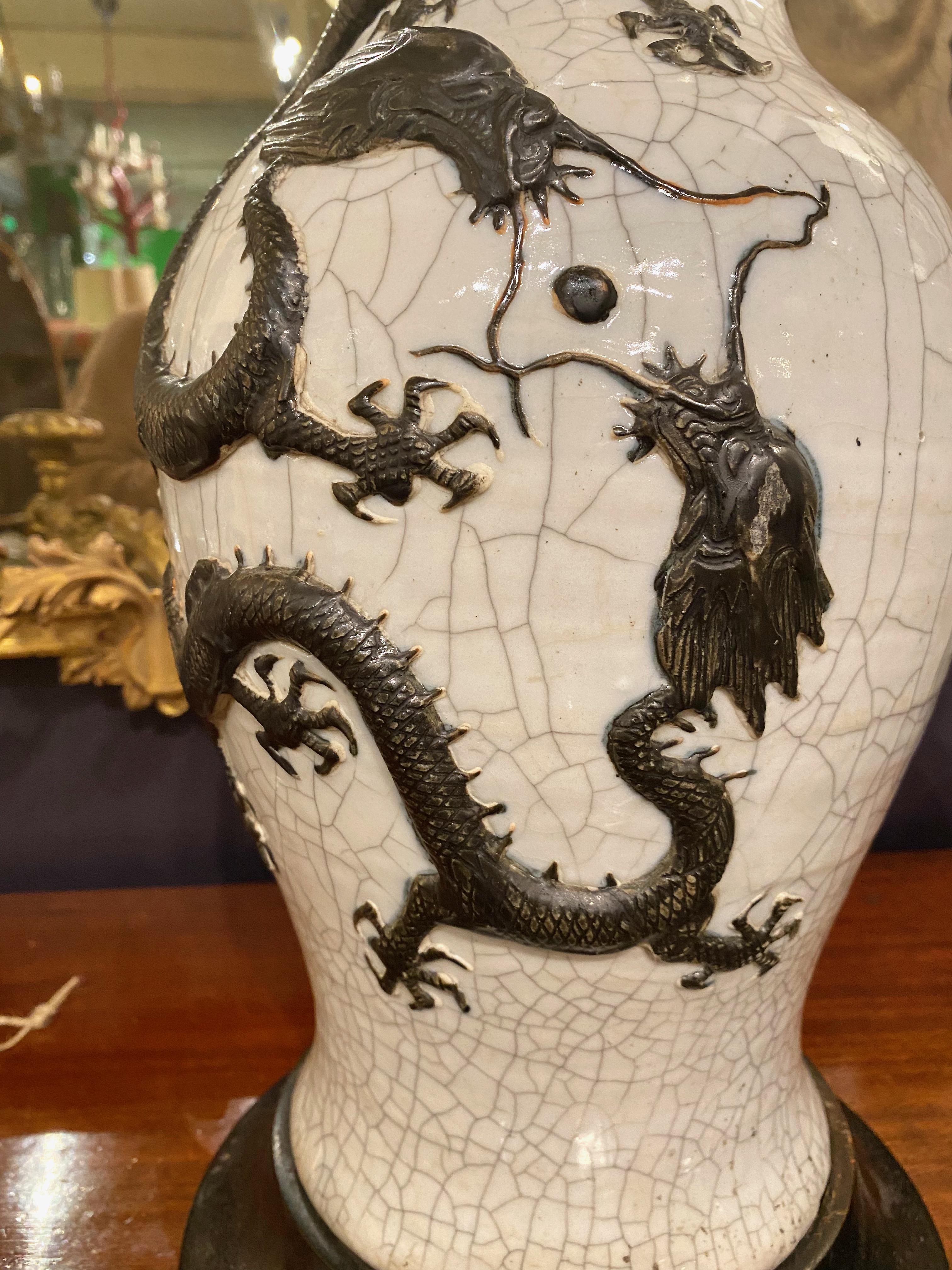 Pair Large Chinese Pale Celadon Crackle Glaze Dragon Vases, 19th Century In Good Condition For Sale In Pasadena, CA