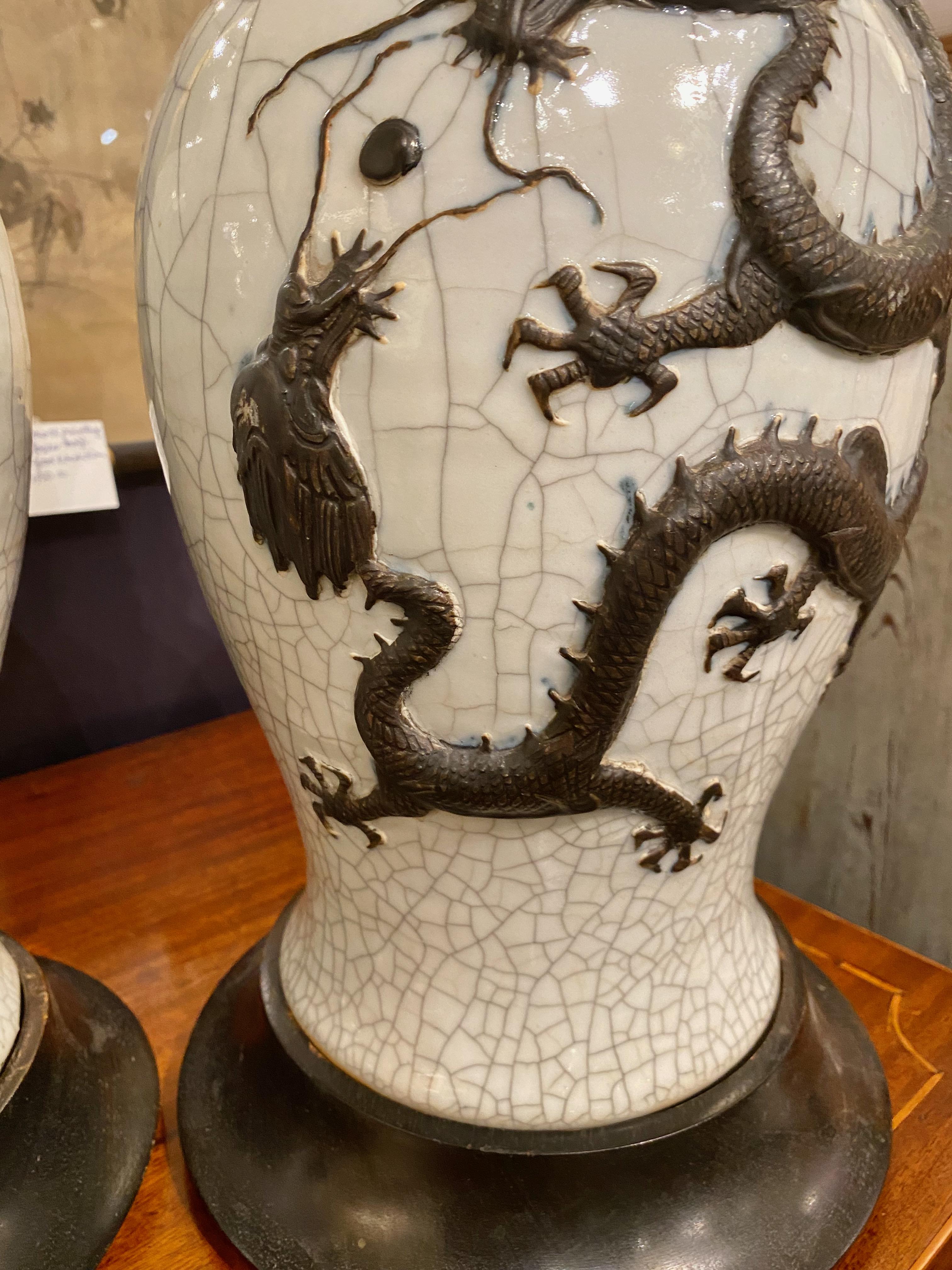 Ceramic Pair Large Chinese Pale Celadon Crackle Glaze Dragon Vases, 19th Century For Sale