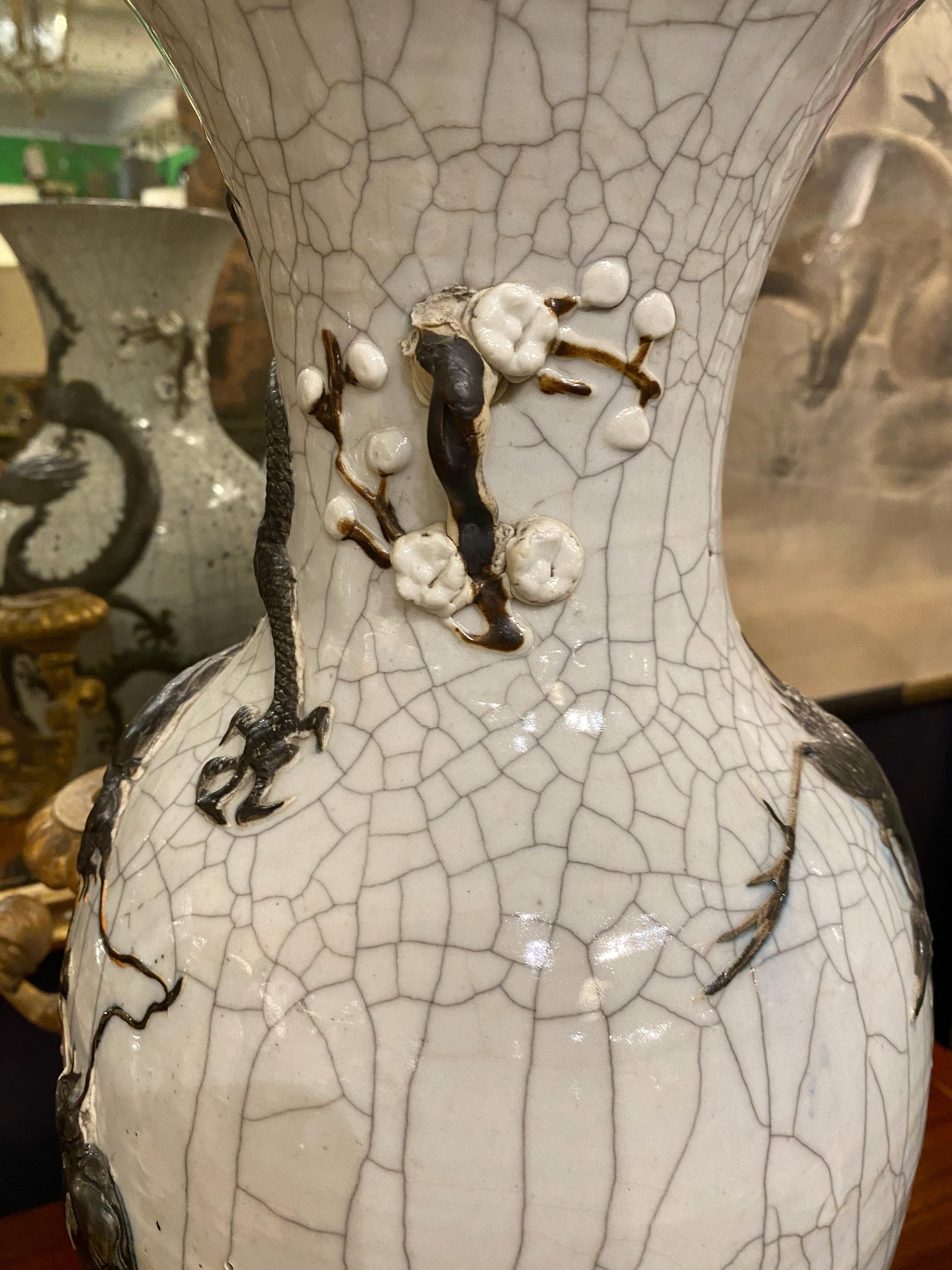 Pair Large Chinese Pale Celadon Crackle Glaze Dragon Vases, 19th Century 2
