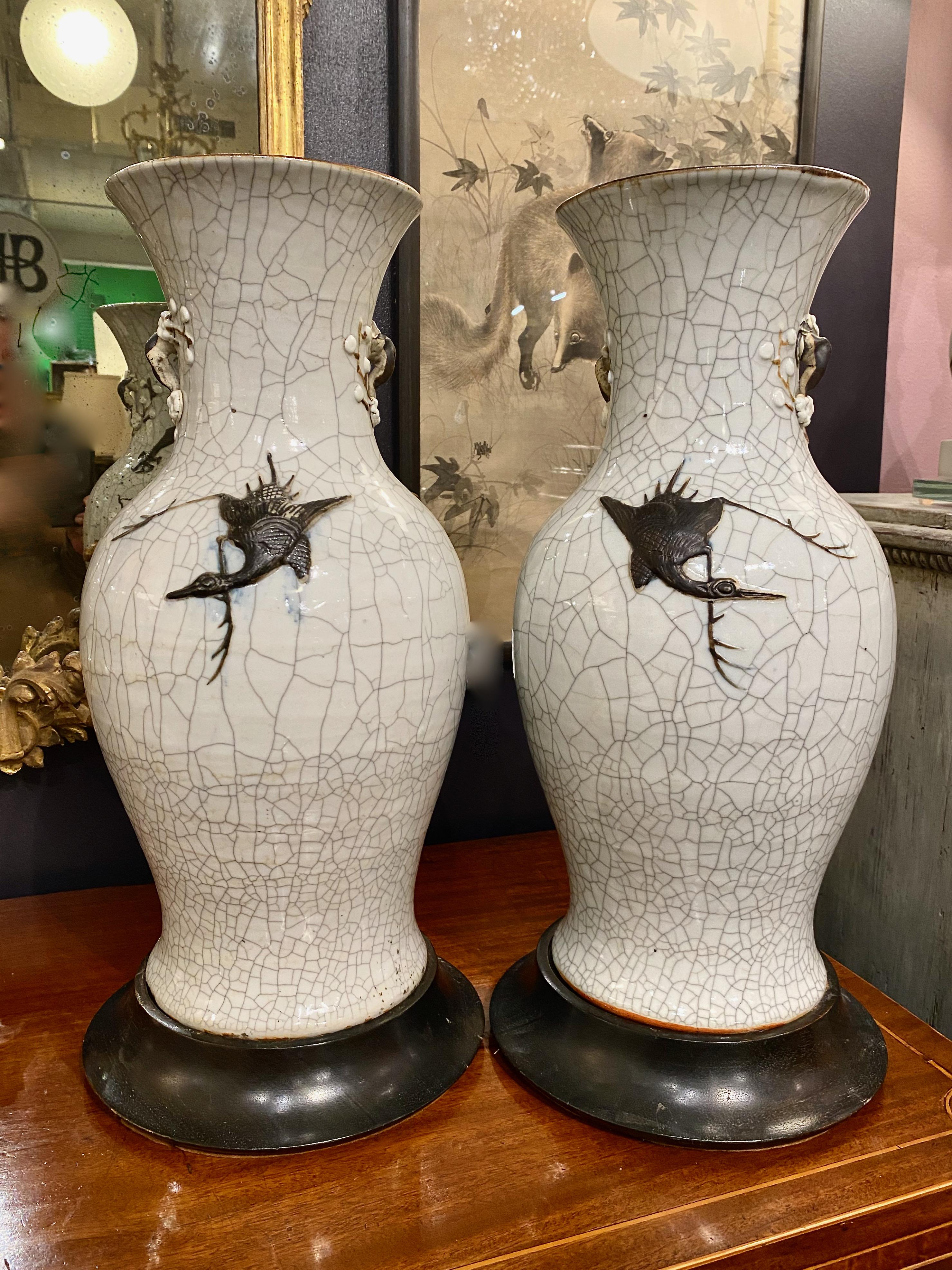 Pair Large Chinese Pale Celadon Crackle Glaze Dragon Vases, 19th Century For Sale 3