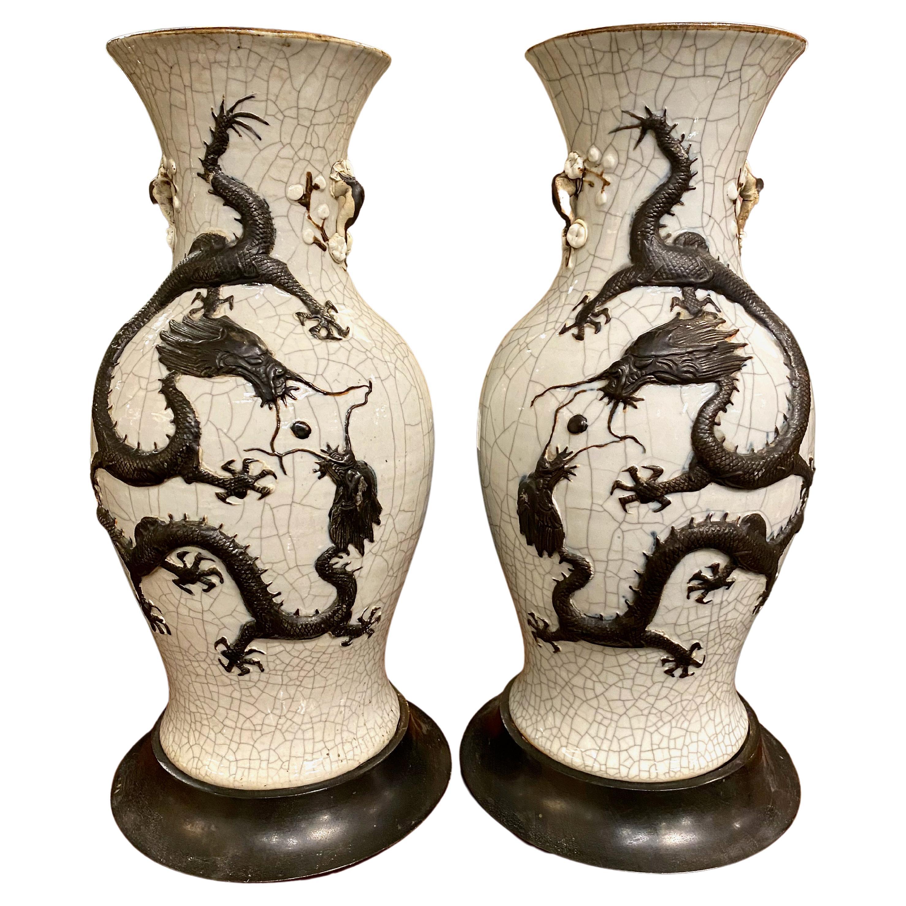 Pair Large Chinese Pale Celadon Crackle Glaze Dragon Vases, 19th Century For Sale