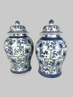 Pair Large Chinese Export Porcelain Blue & White Covered Jars 1870 Hand Painted
