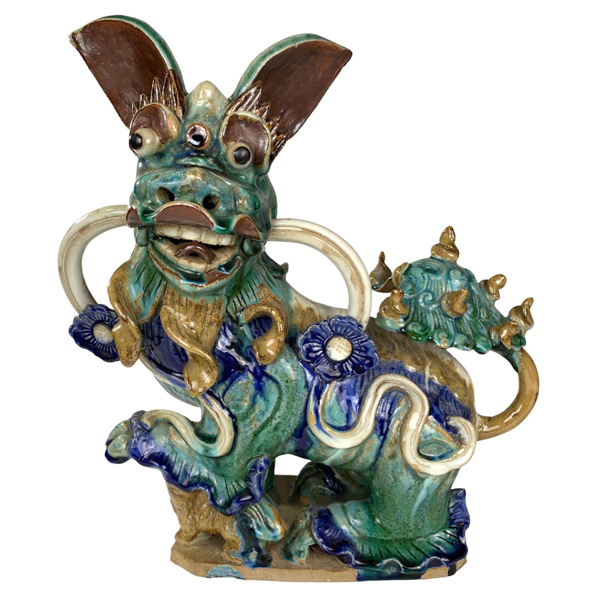 Hand-Painted Pair Large Antique Chinese Stoneware Guardian Lions Qing Dynasty 19th Century