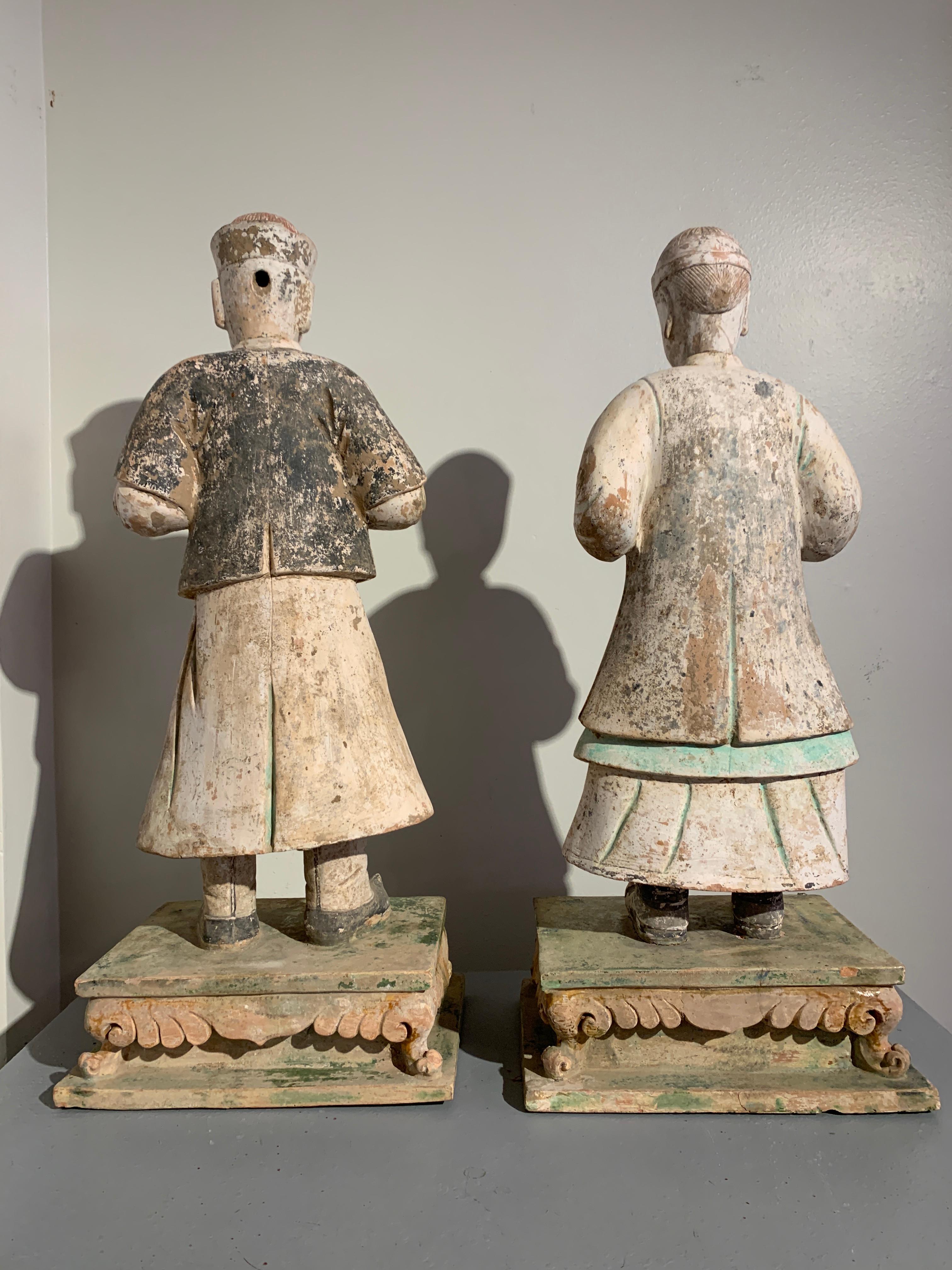 Pair Large Chinese Ming Dynasty Glazed and Painted Pottery Figures, 16th Century In Good Condition For Sale In Austin, TX