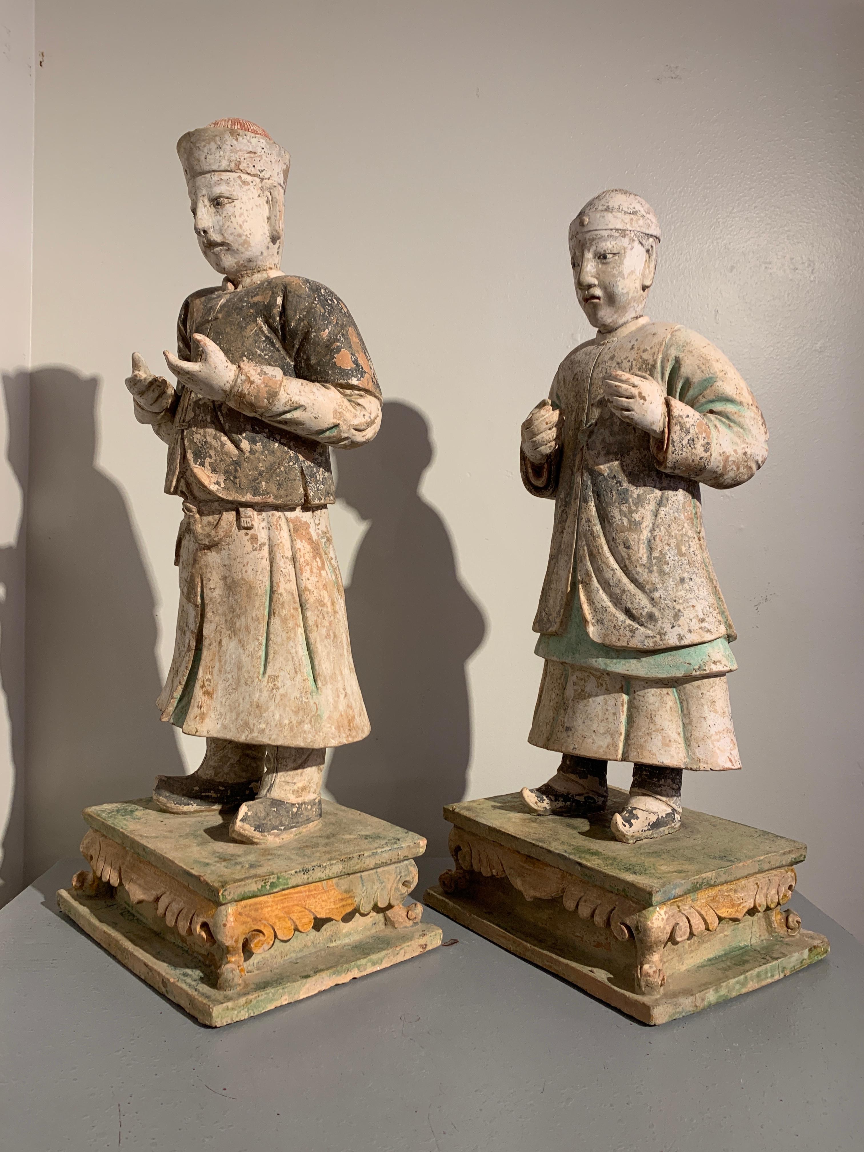 18th Century and Earlier Pair Large Chinese Ming Dynasty Glazed and Painted Pottery Figures, 16th Century For Sale