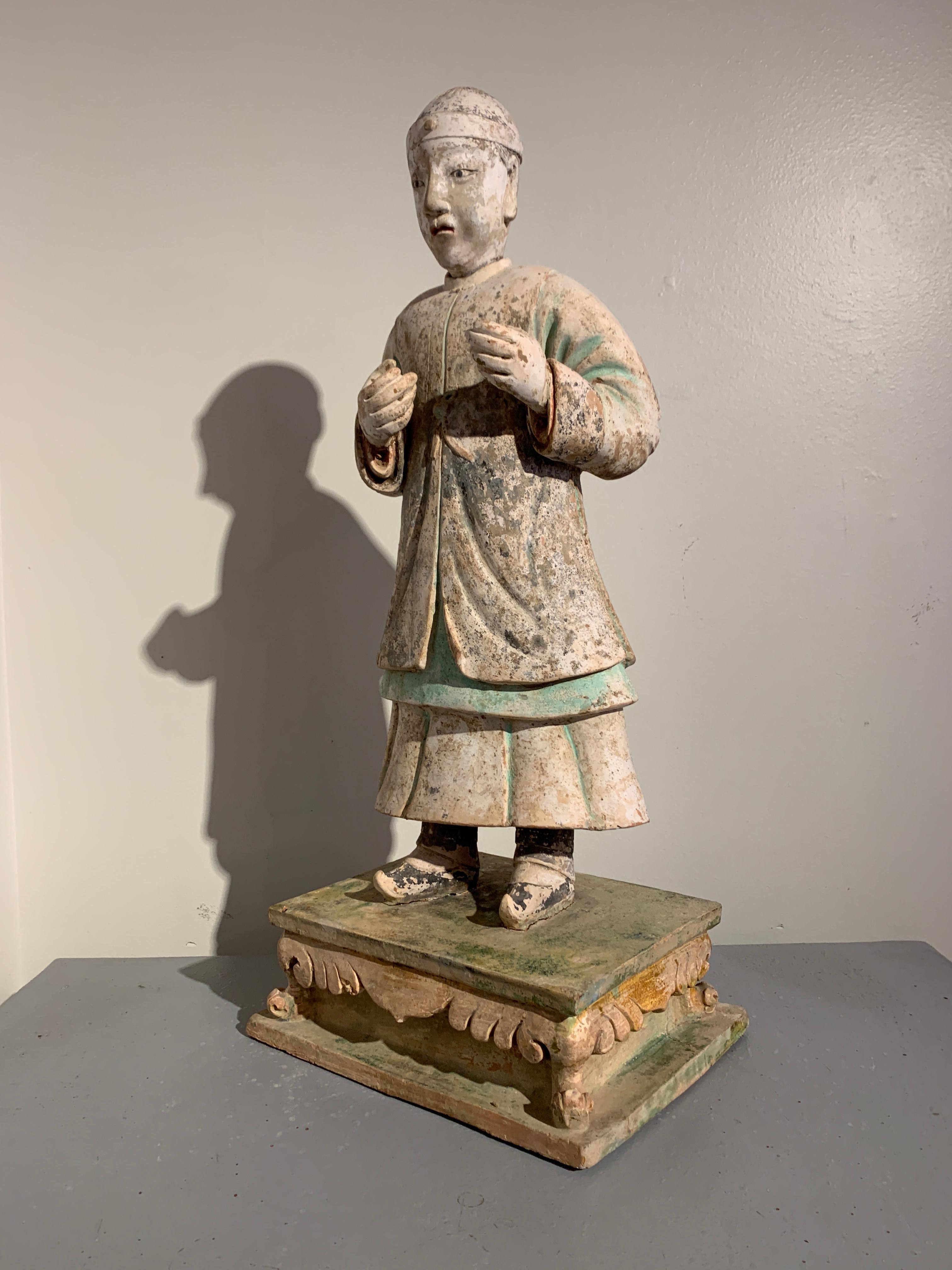 Pair Large Chinese Ming Dynasty Glazed and Painted Pottery Figures, 16th Century For Sale 2