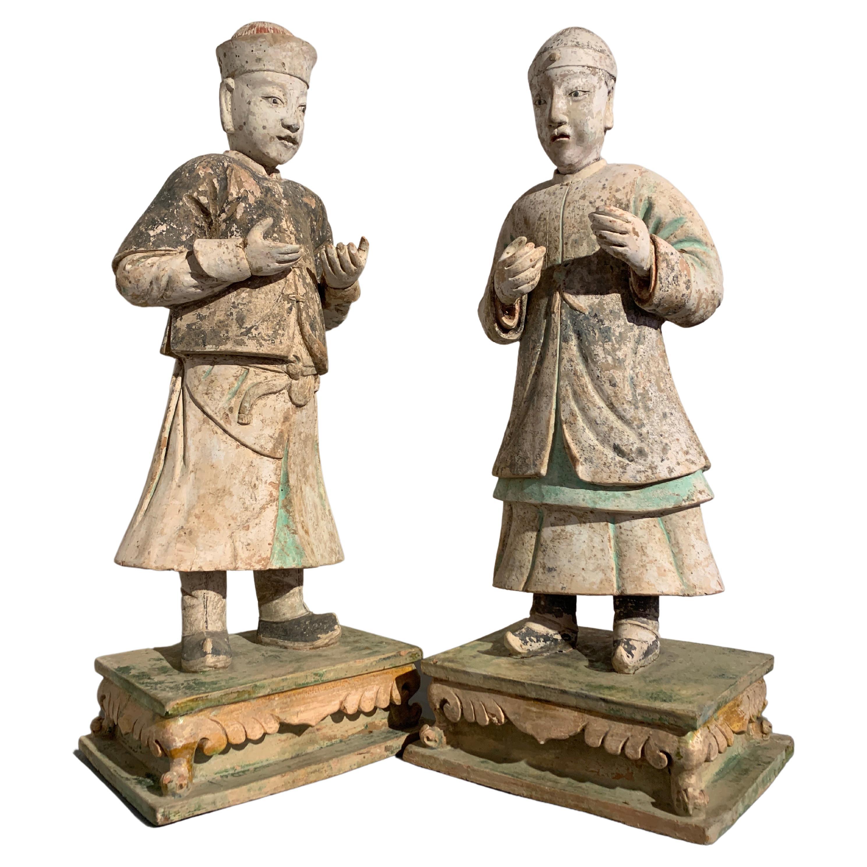 Pair Large Chinese Ming Dynasty Glazed and Painted Pottery Figures, 16th Century For Sale