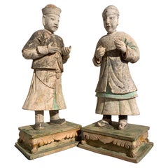 Pair Large Chinese Ming Dynasty Glazed and Painted Pottery Figures, 16th Century