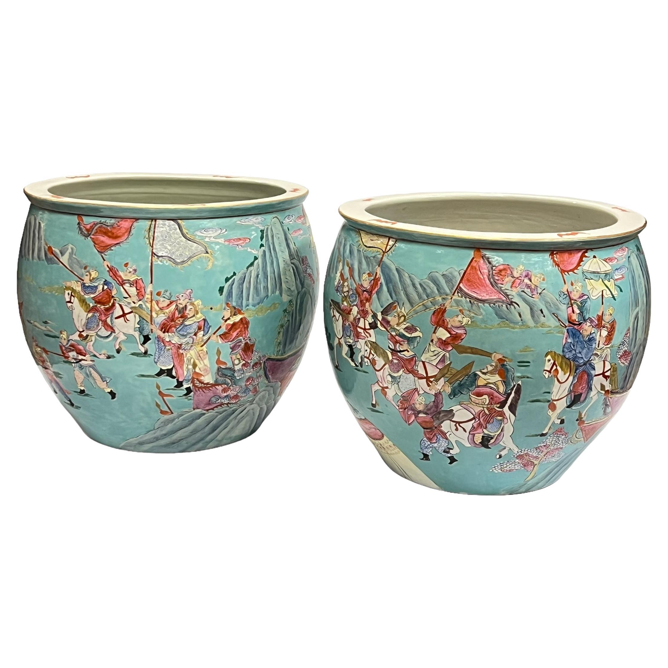 Pair Large Chinese Pale Turquoise Blue Glazed Jardinieres / Planters For Sale