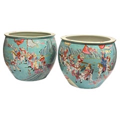 Vintage Pair Large Chinese Pale Turquoise Blue Glazed Jardinieres / Planters