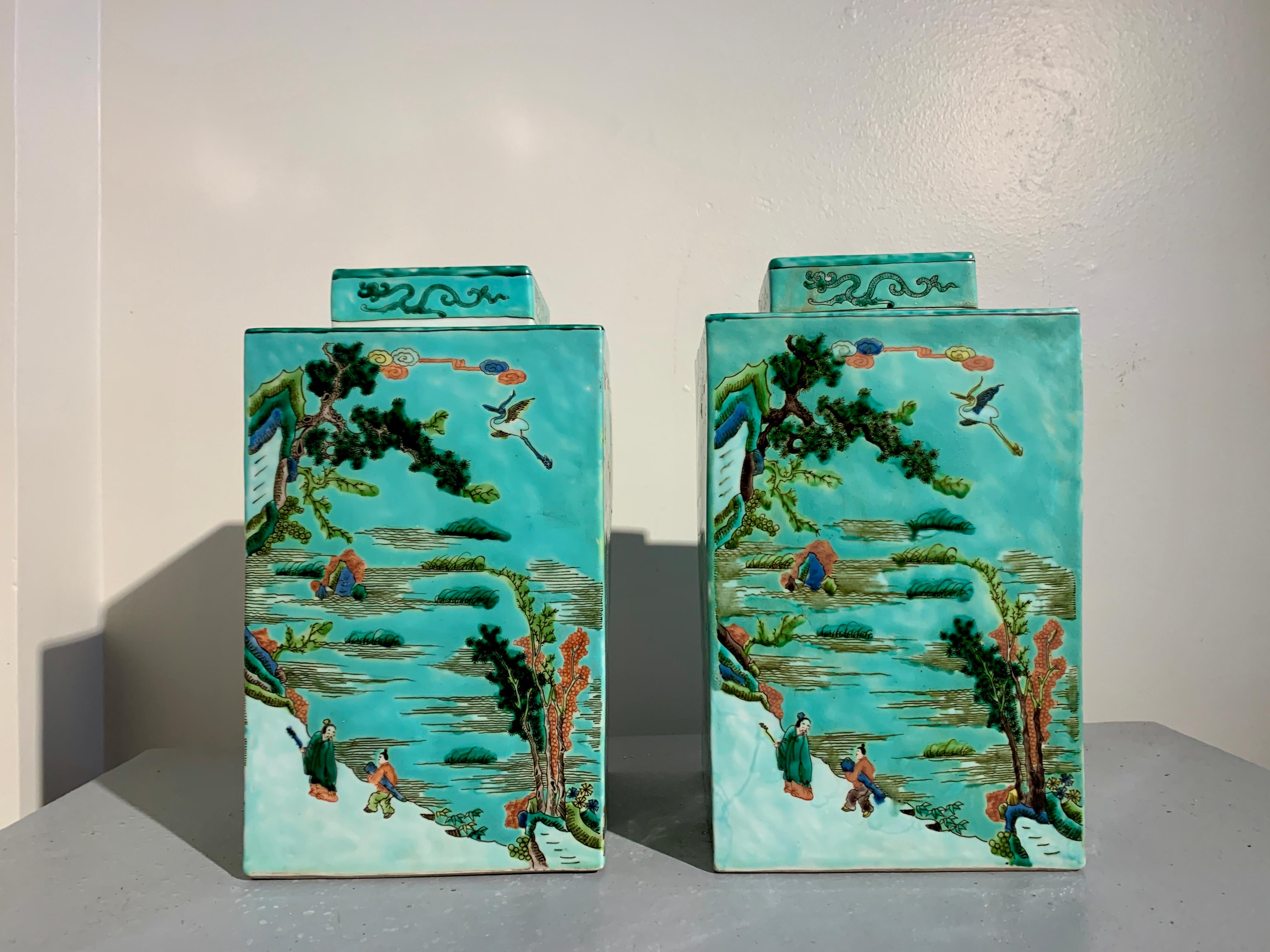 Pair Large Chinese Porcelain Tea Caddies, Famille Verte, 20th C In Good Condition In Austin, TX