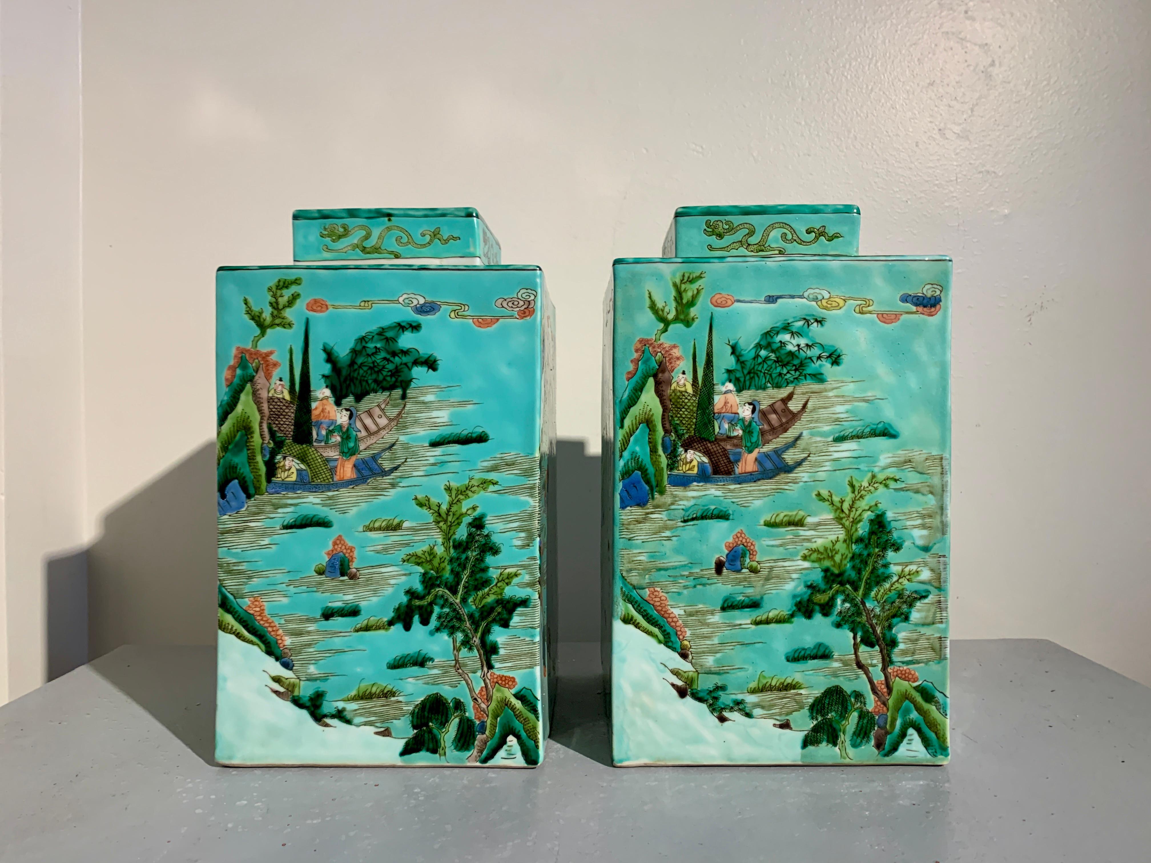 20th Century Pair Large Chinese Porcelain Tea Caddies, Famille Verte, 20th C