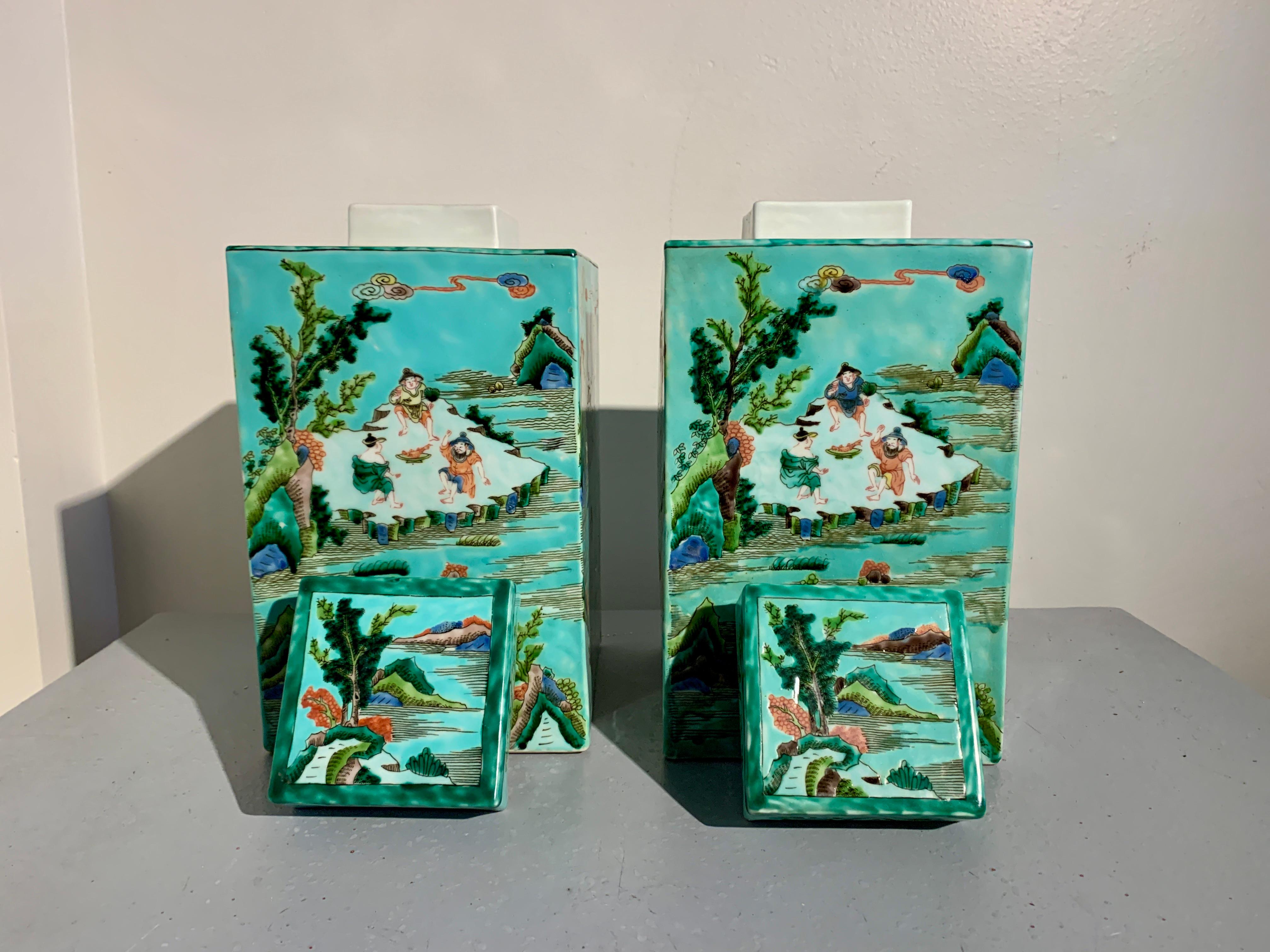 Pair Large Chinese Porcelain Tea Caddies, Famille Verte, 20th C 1