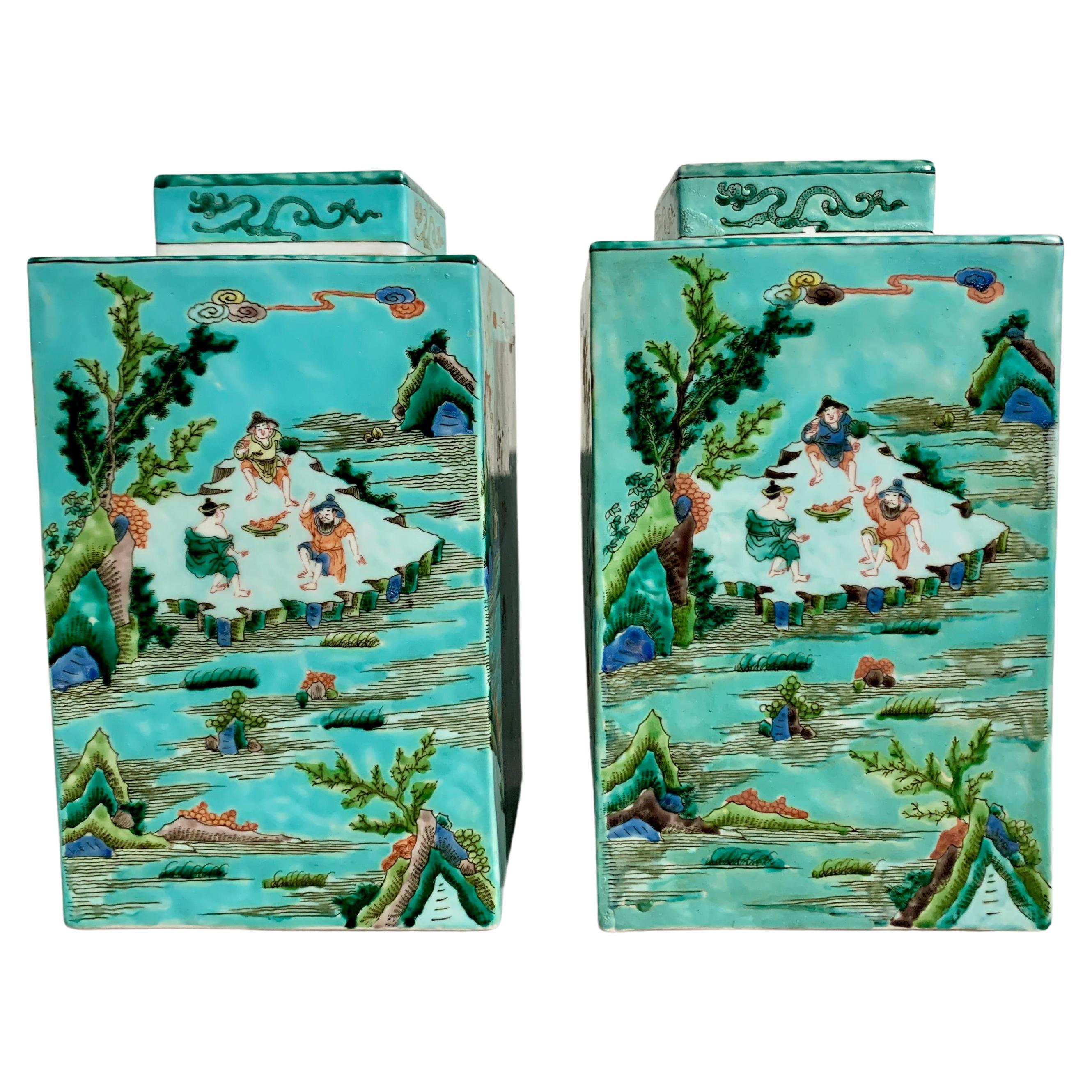 Pair Large Chinese Porcelain Tea Caddies, Famille Verte, 20th C