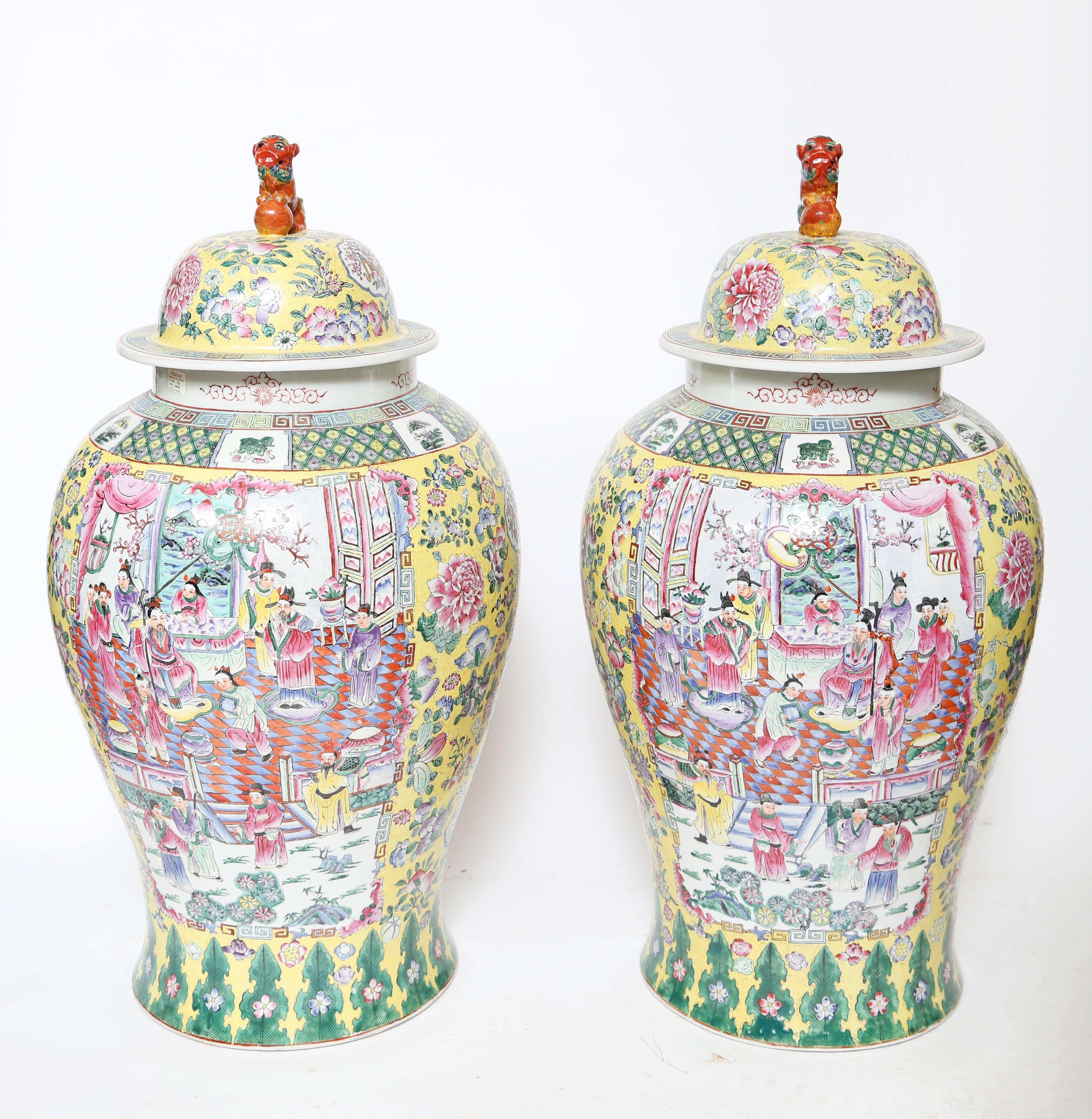 20th Century  Pair of Chinese Polychromed Porcelain Temple Jars with Covers-30 1/2