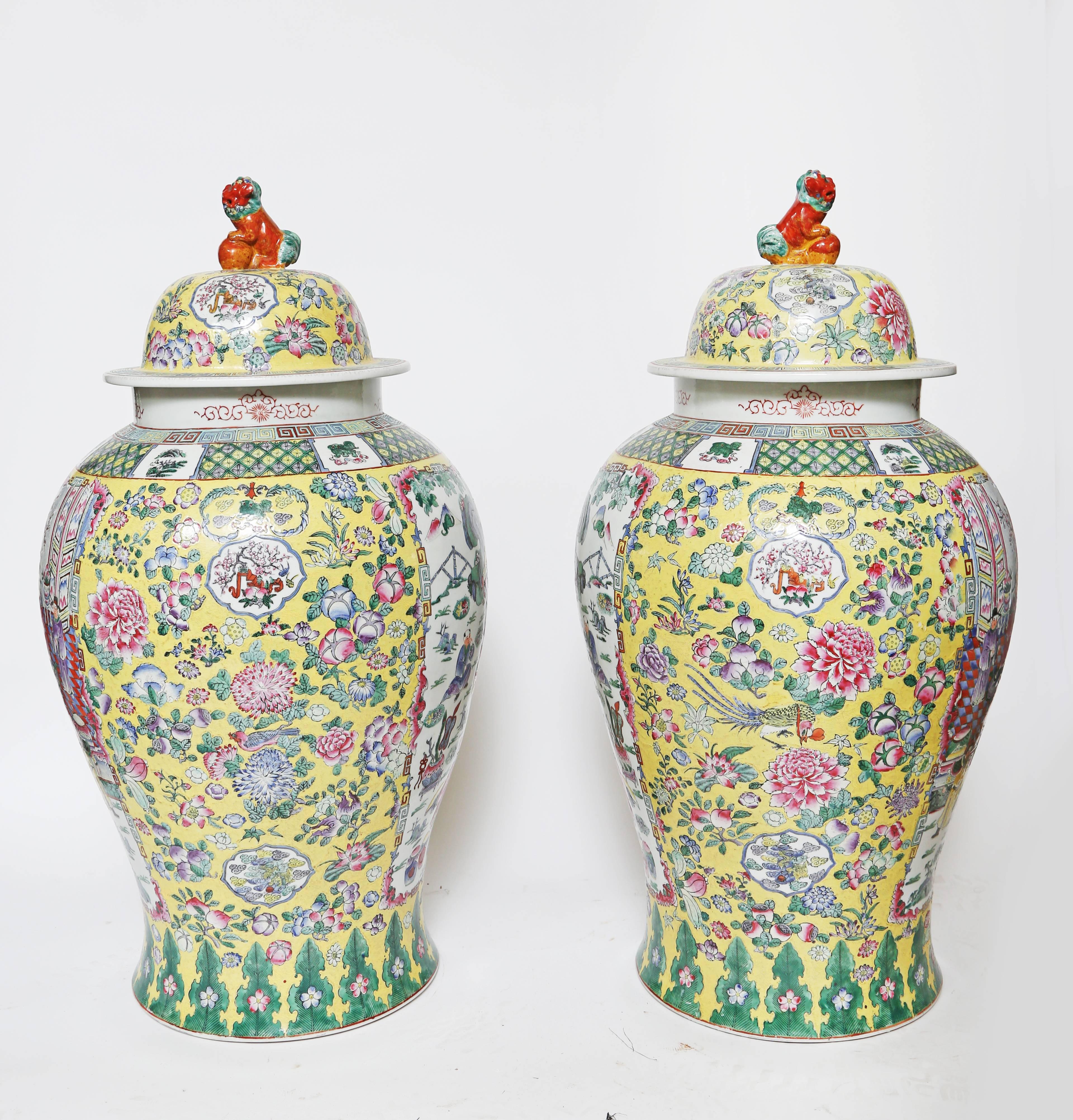  Pair of Chinese Polychromed Porcelain Temple Jars with Covers-30 1/2