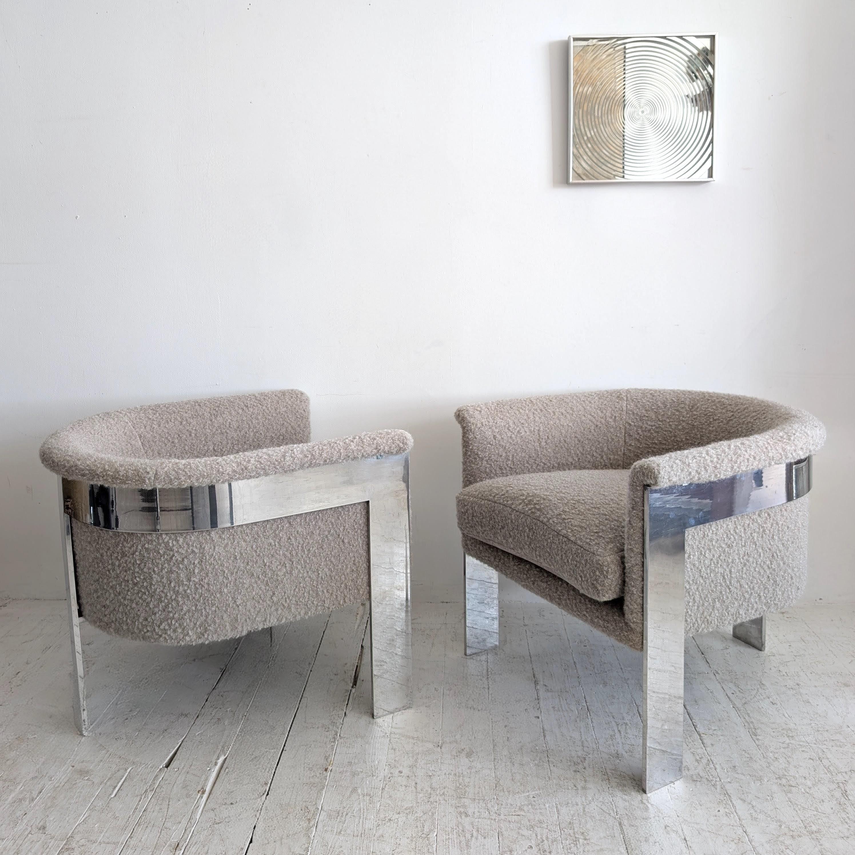 Mid-Century Modern Paire de grands fauteuils de salon en acier chromé mohair boucle par Milo Baughman, USA 1970 en vente