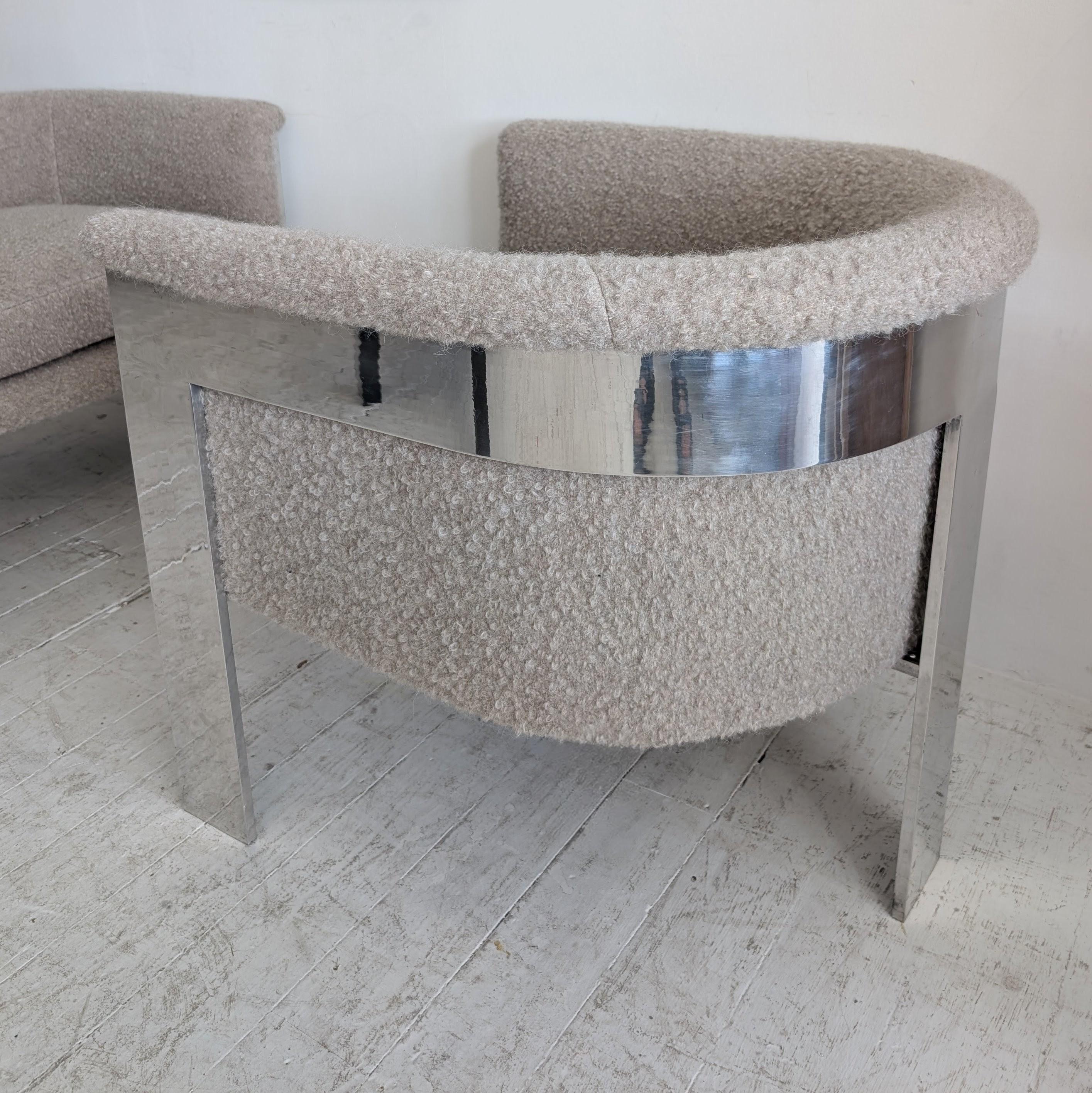 Acier Paire de grands fauteuils de salon en acier chromé mohair boucle par Milo Baughman, USA 1970 en vente