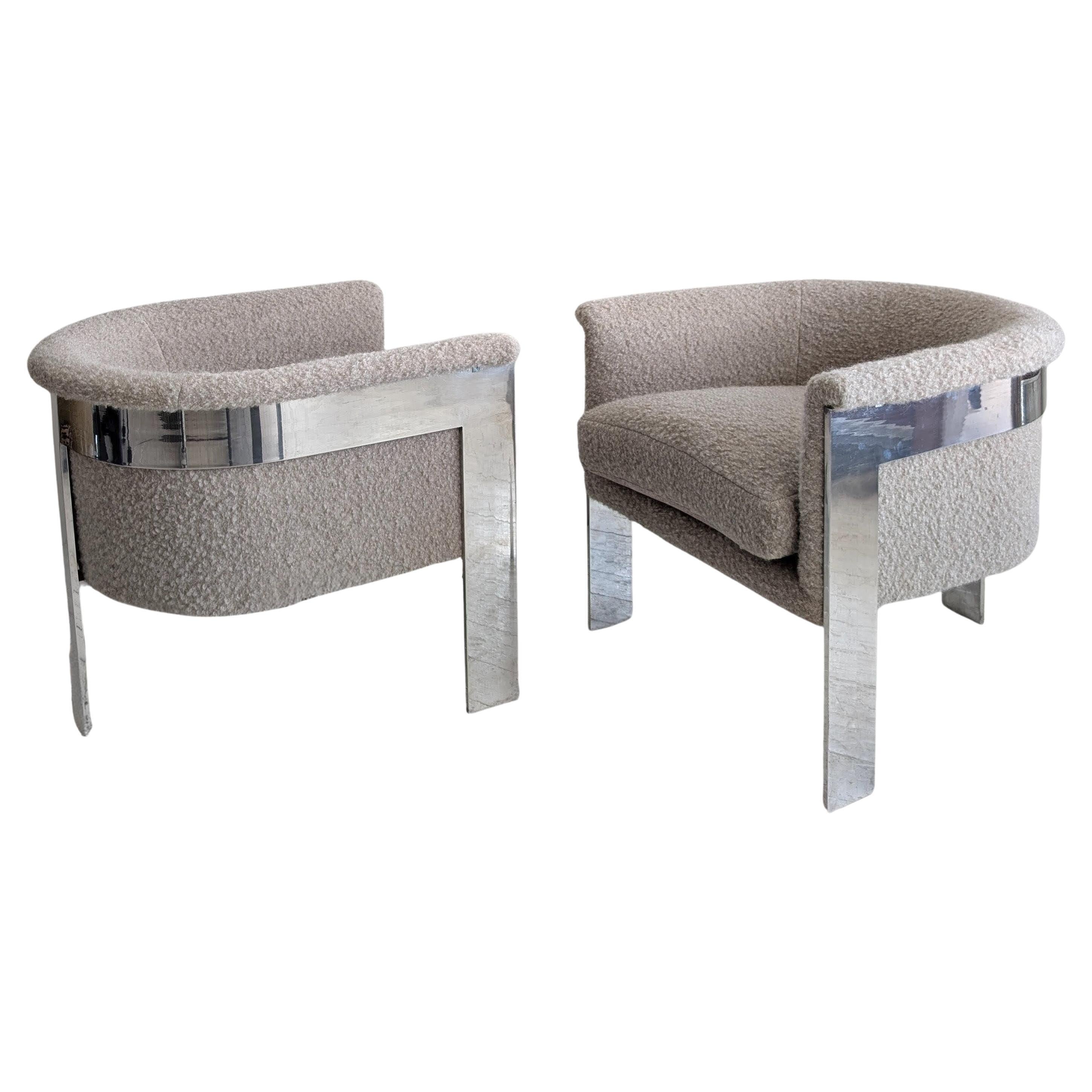 Paire de grands fauteuils de salon en acier chromé mohair boucle par Milo Baughman, USA 1970 en vente