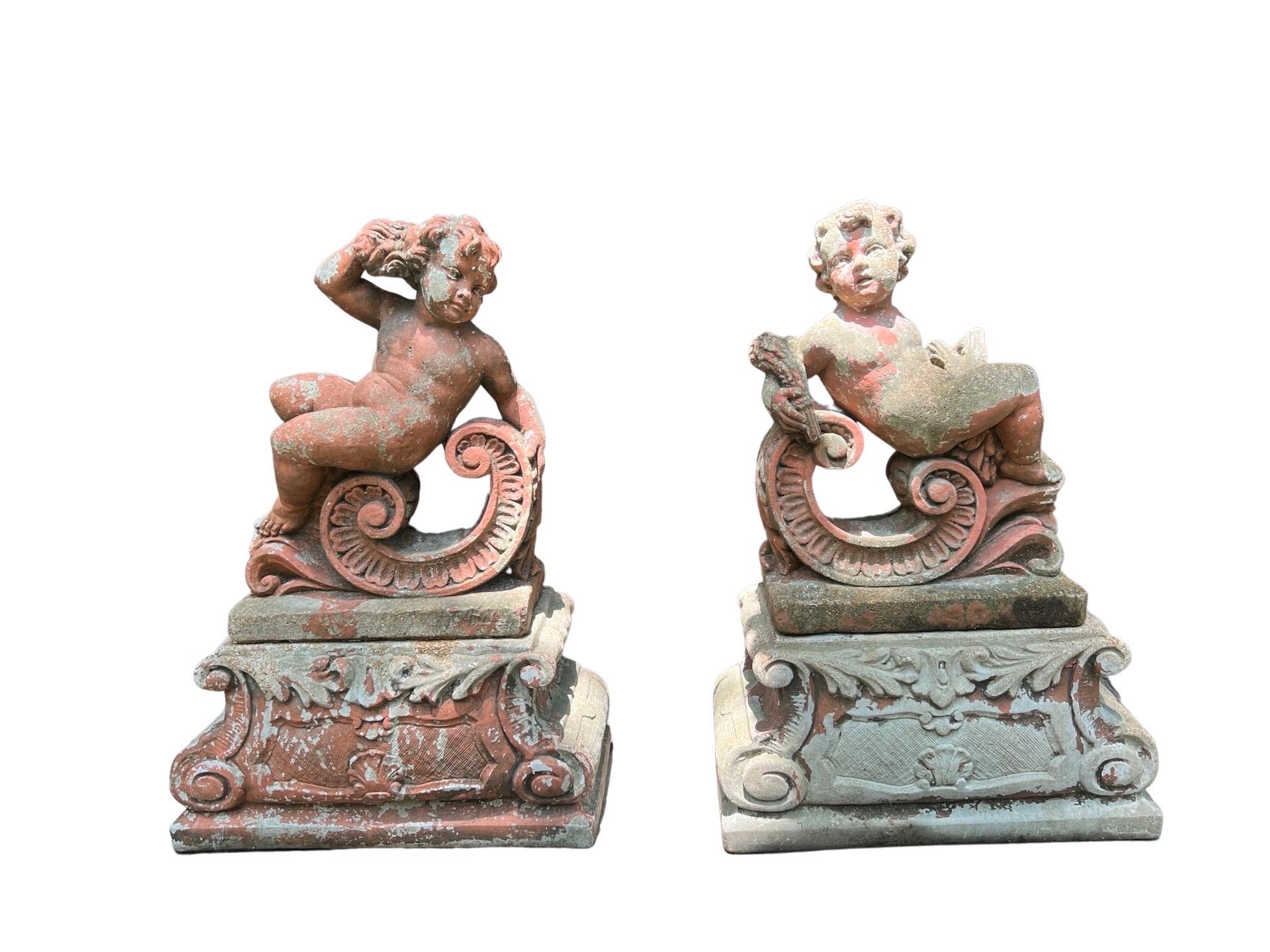 Pair, Large Classical Cast Stone Putti Garden Sculptures on Stands 3
