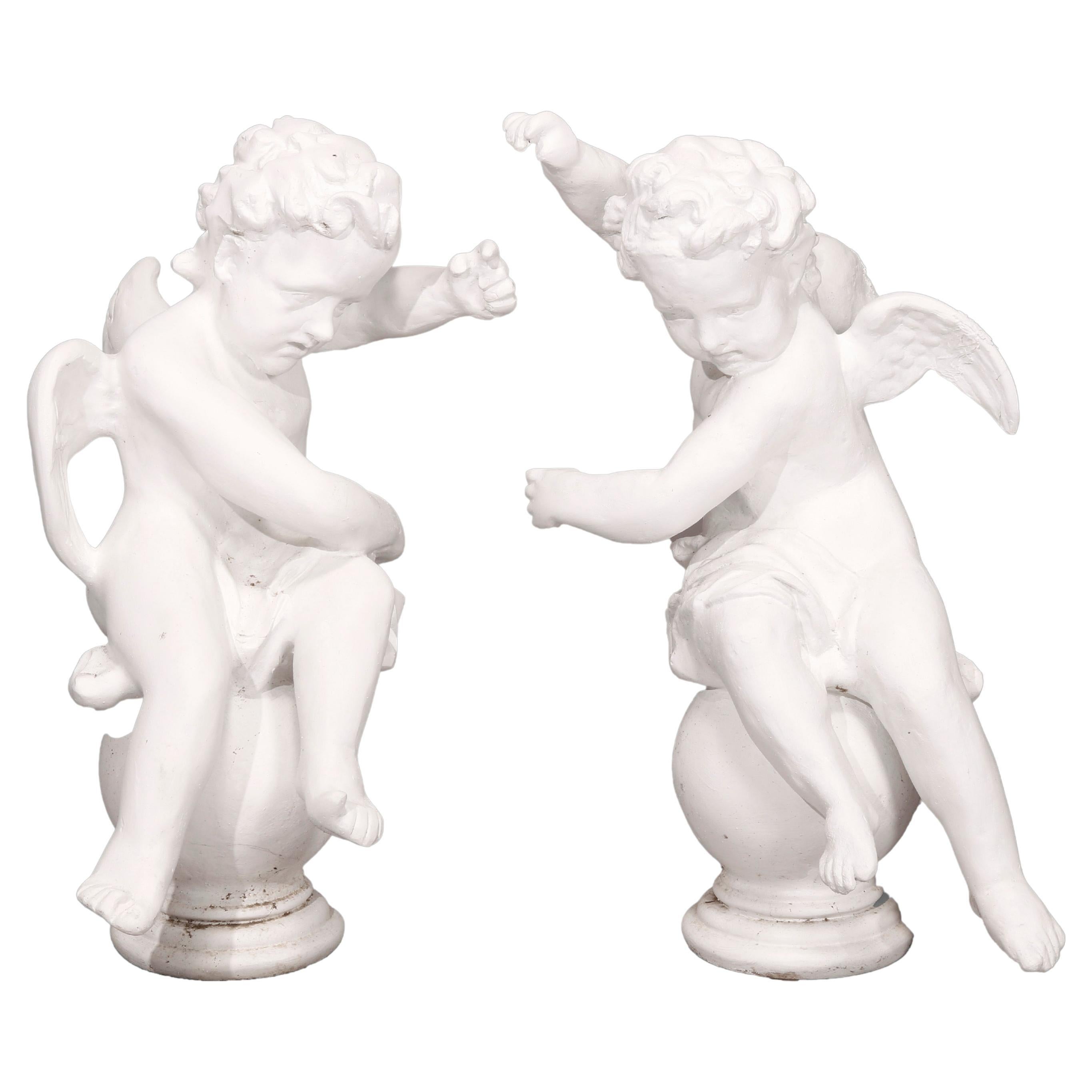 Pair Large Classical Winged Cherub Resin Composition Garden Statues 20th C