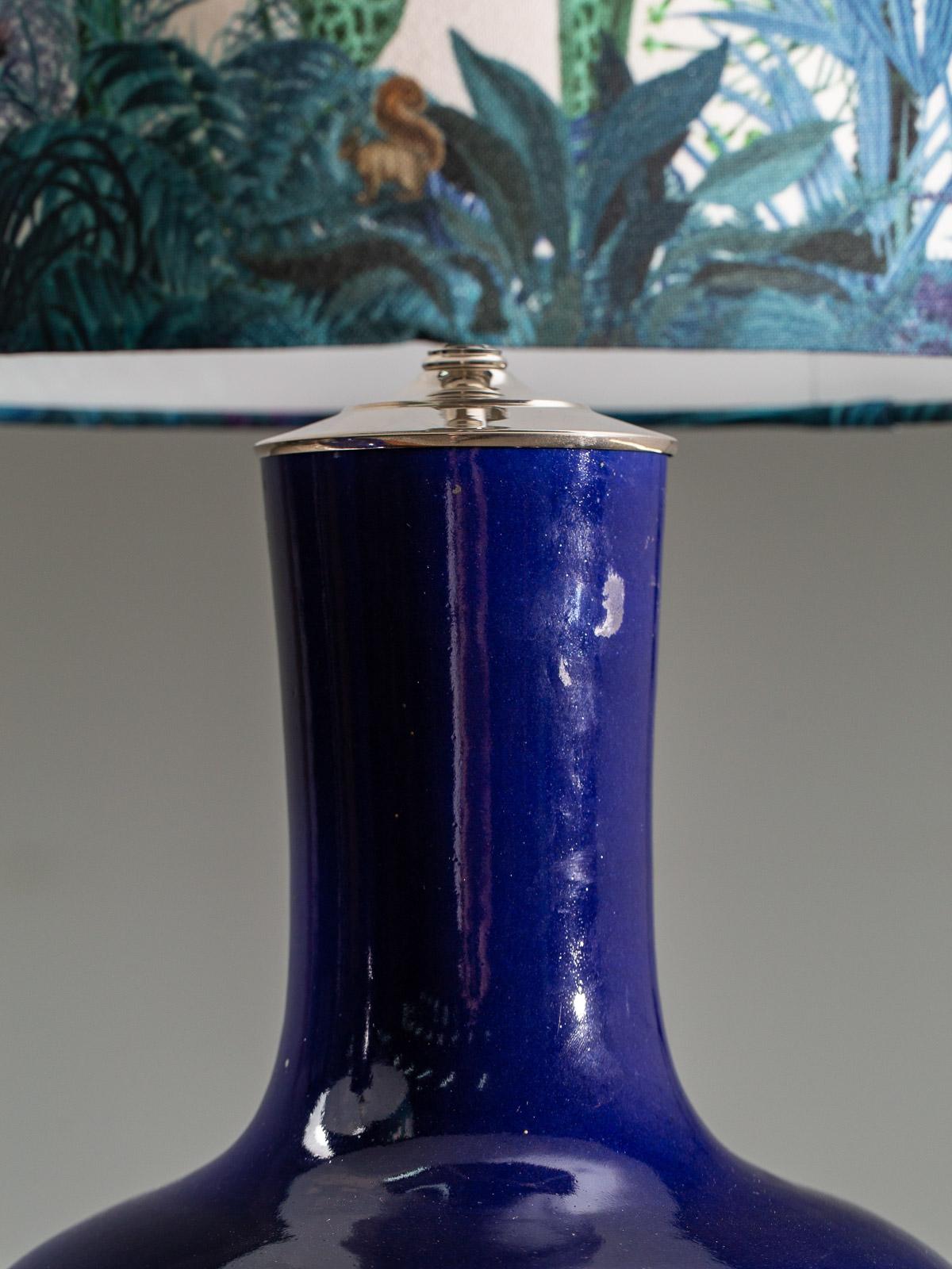 Modern Pair of Large Cobalt Blue Vase Handmade Custom Lamps Shades Lucite Base