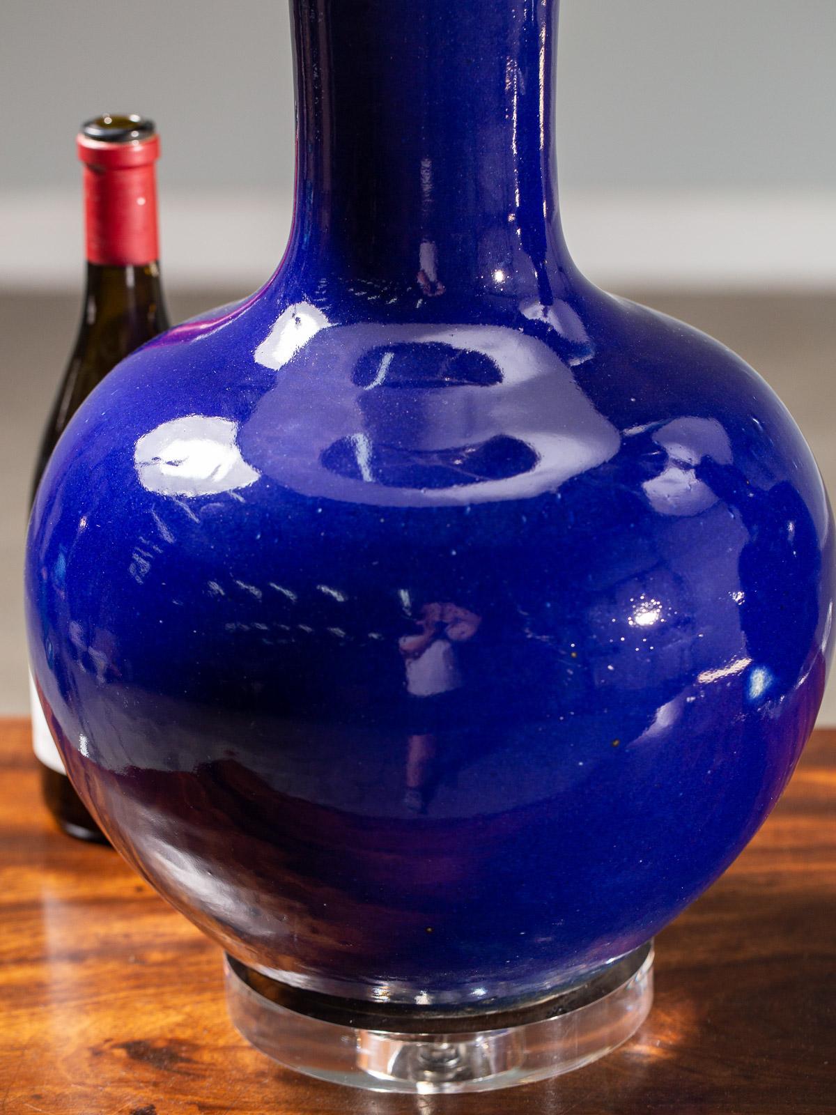 English Pair of Large Cobalt Blue Vase Handmade Custom Lamps Shades Lucite Base